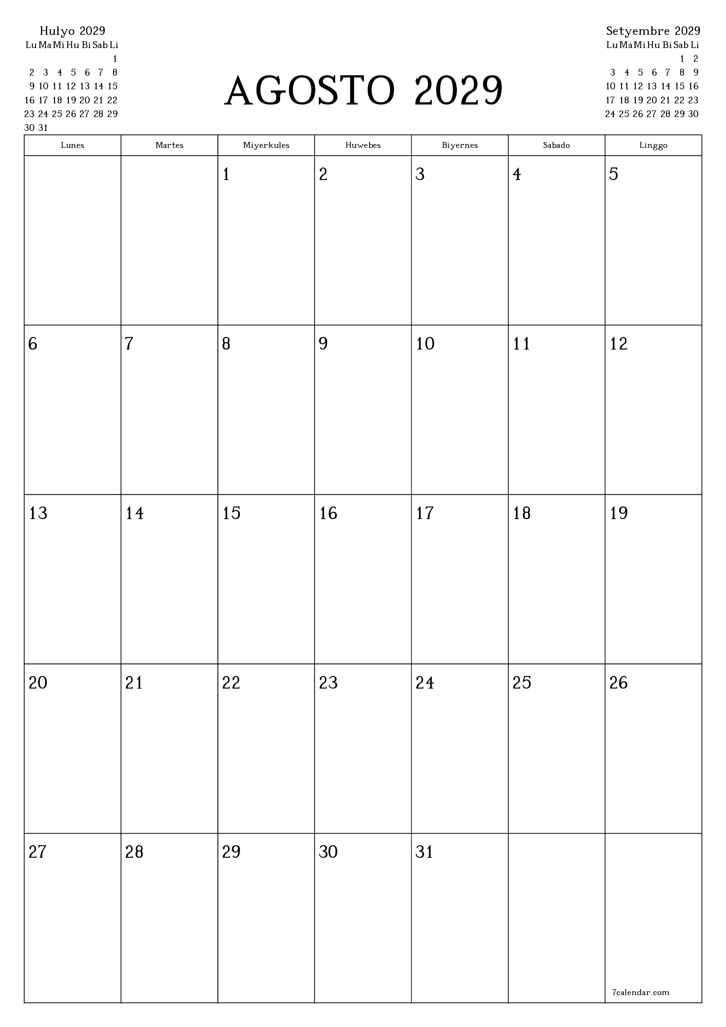 napi-print na sa dingding template ng libreng patayo Buwanang tagaplano kalendaryo Agosto (Ago) 2029