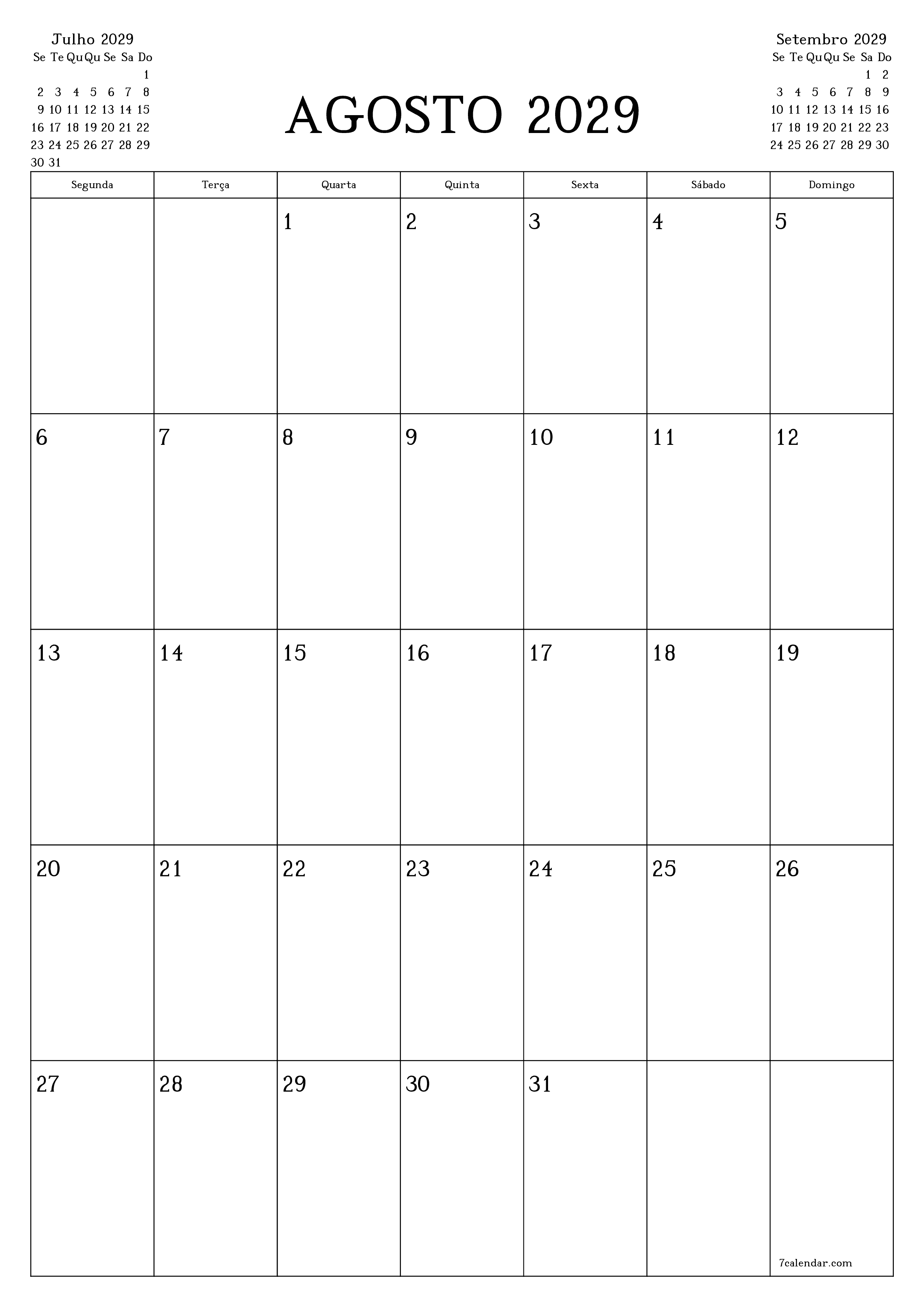  para impressão de parede modelo de grátisvertical Mensal planejador calendário Agosto (Ago) 2029