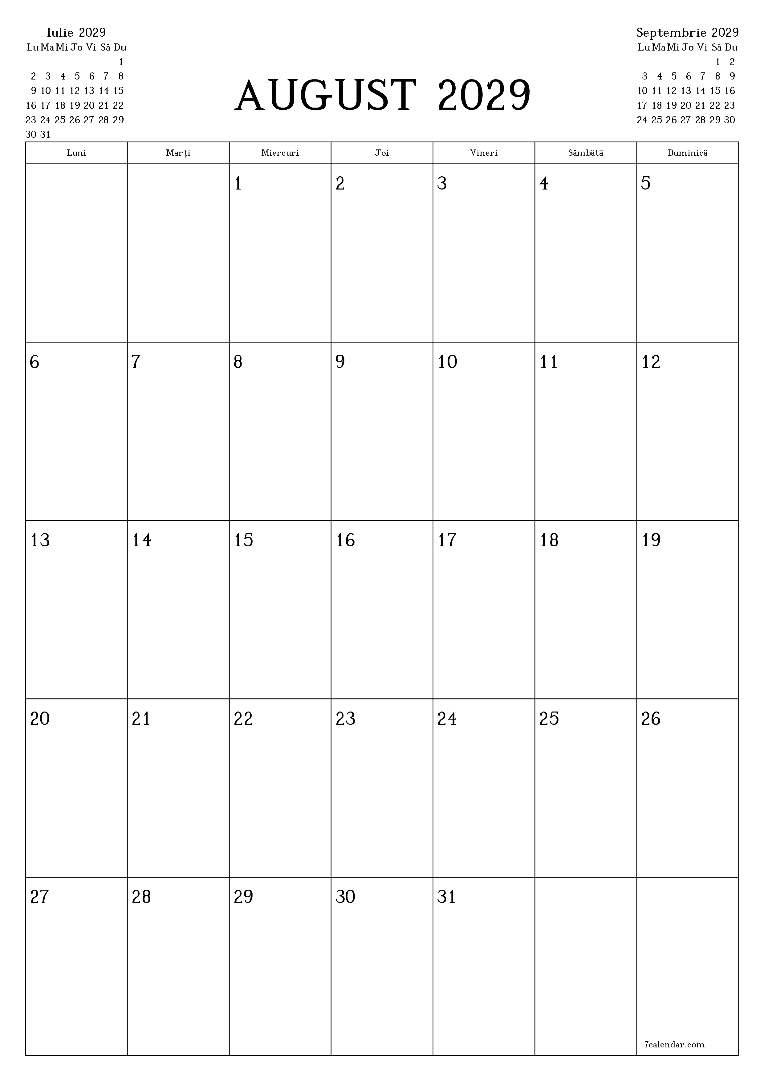  imprimabil de perete șablon de gratuitvertical Lunar planificator calendar August (Aug) 2029