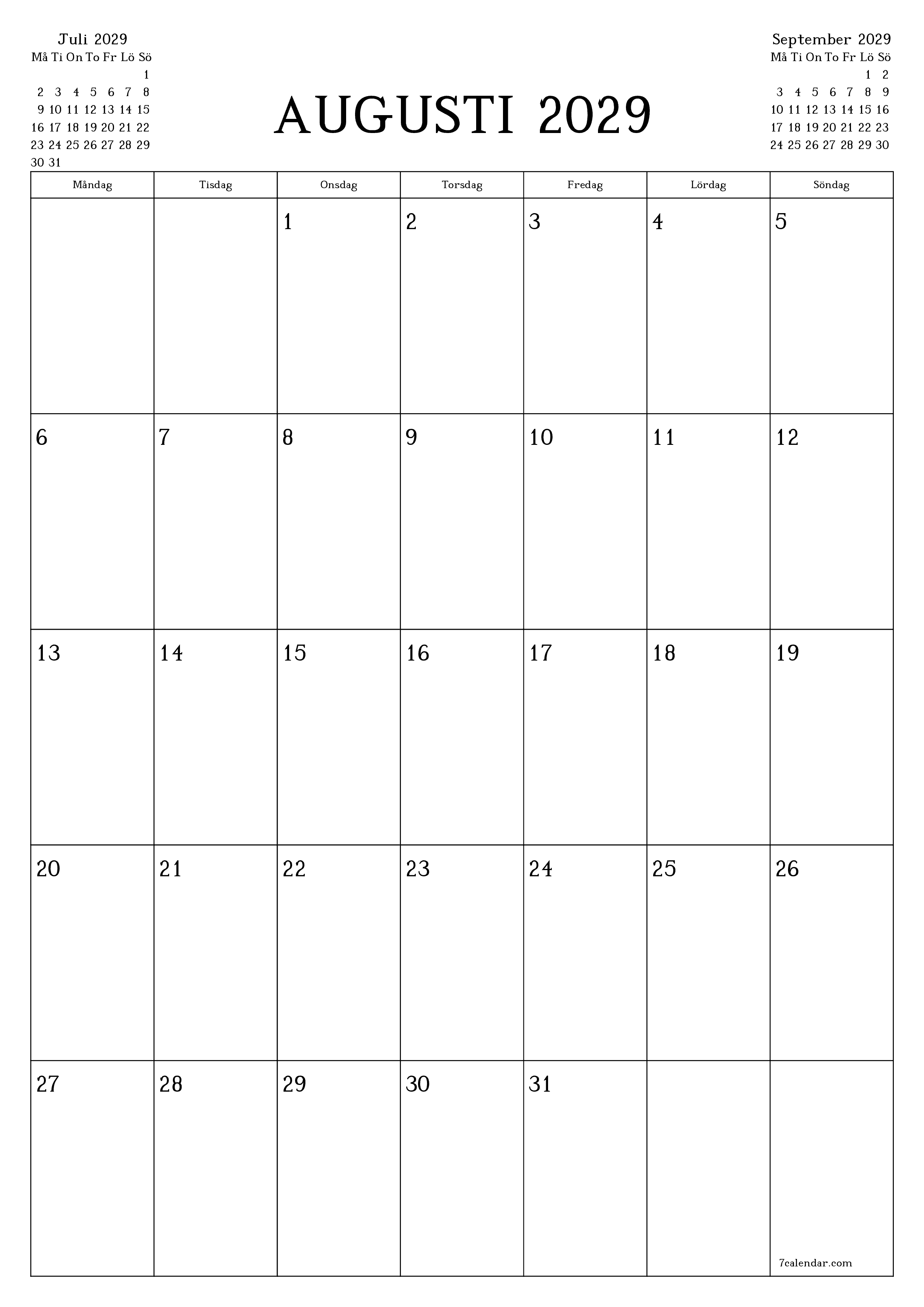 utskrivbar vägg mall gratis vertikal Månatlig planerare kalender Augusti (Aug) 2029