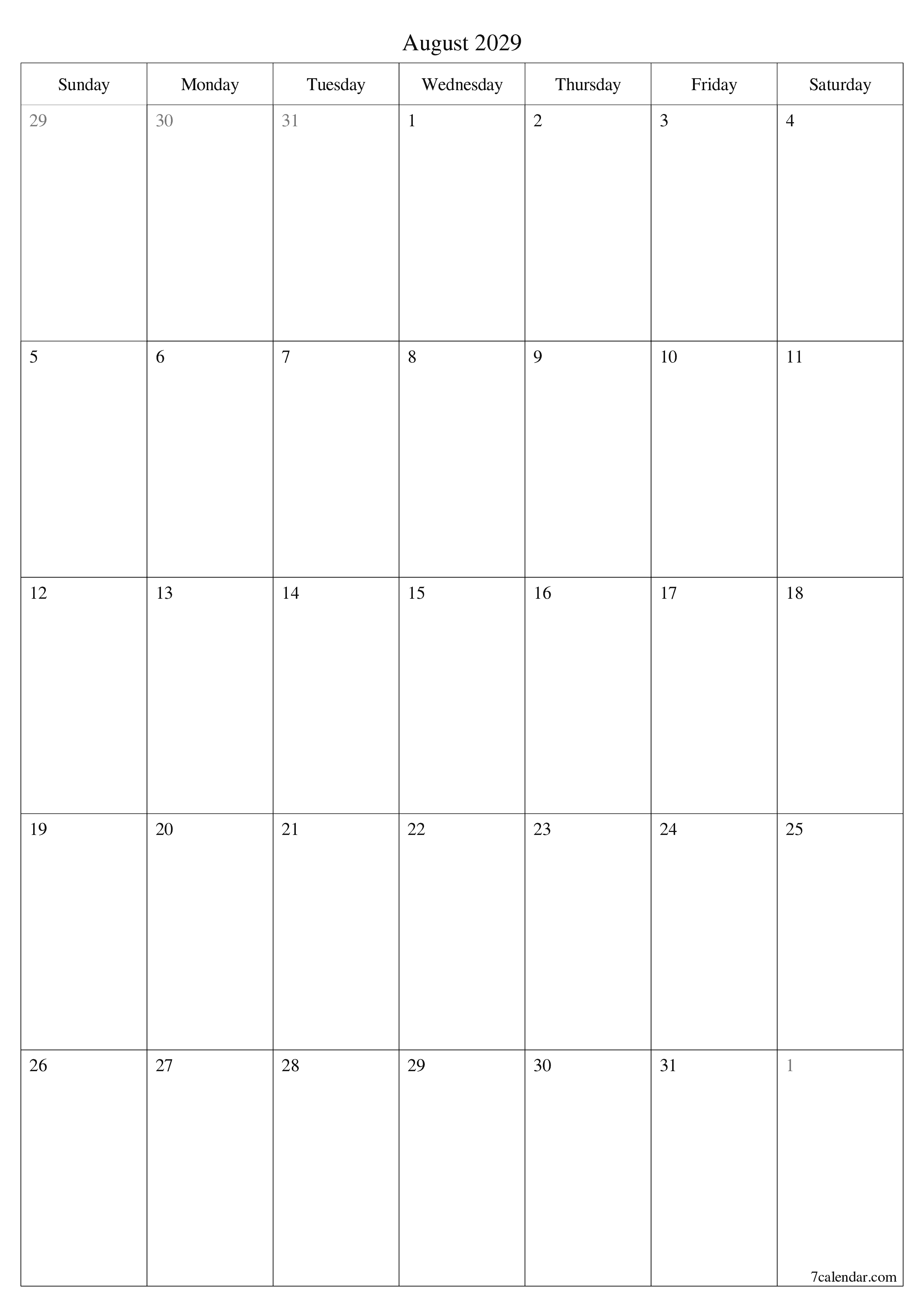 Blank calendar August 2029