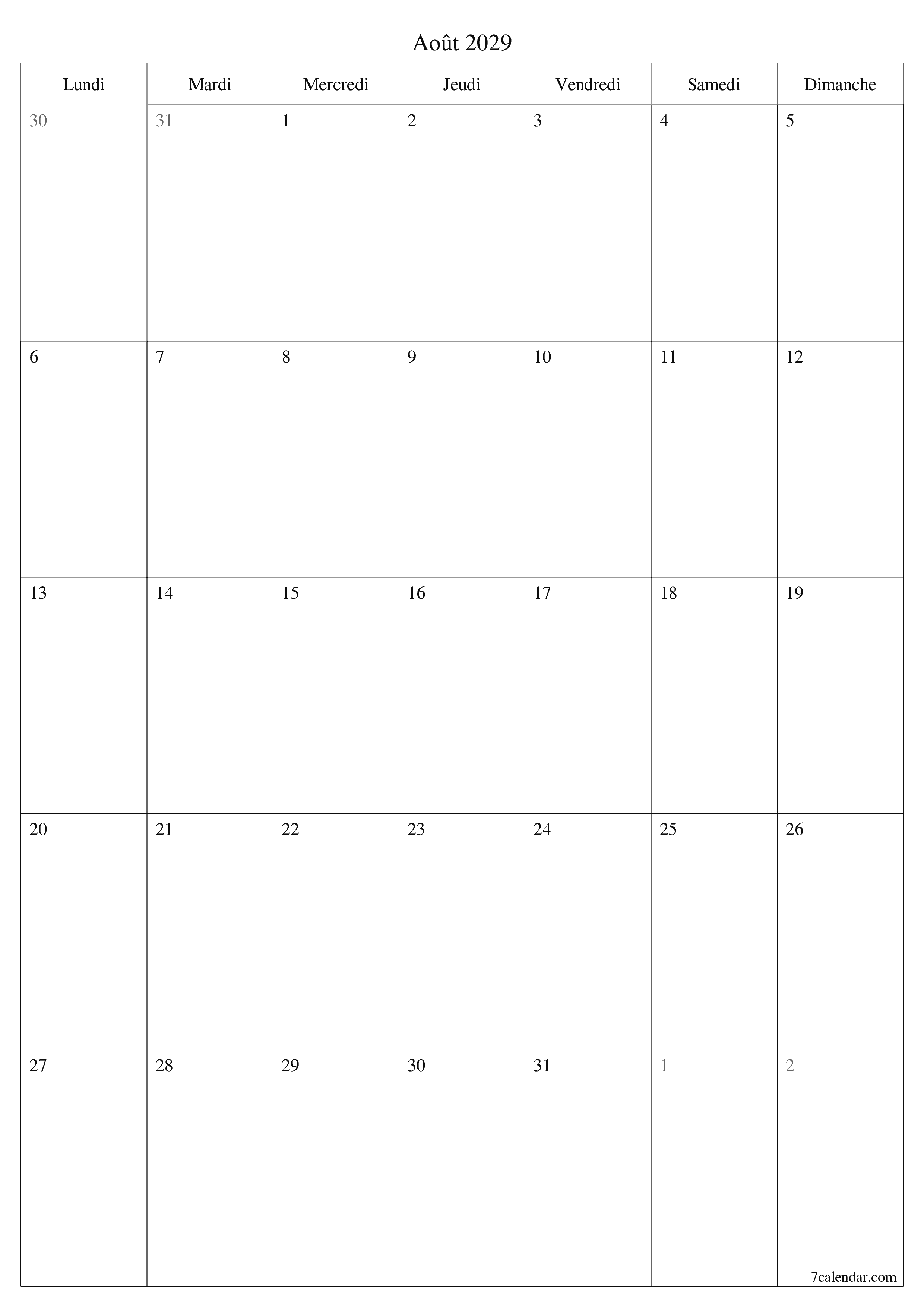  imprimable mural modèle de gratuitverticale Mensuel planificateur calendrier Août (Aou) 2029