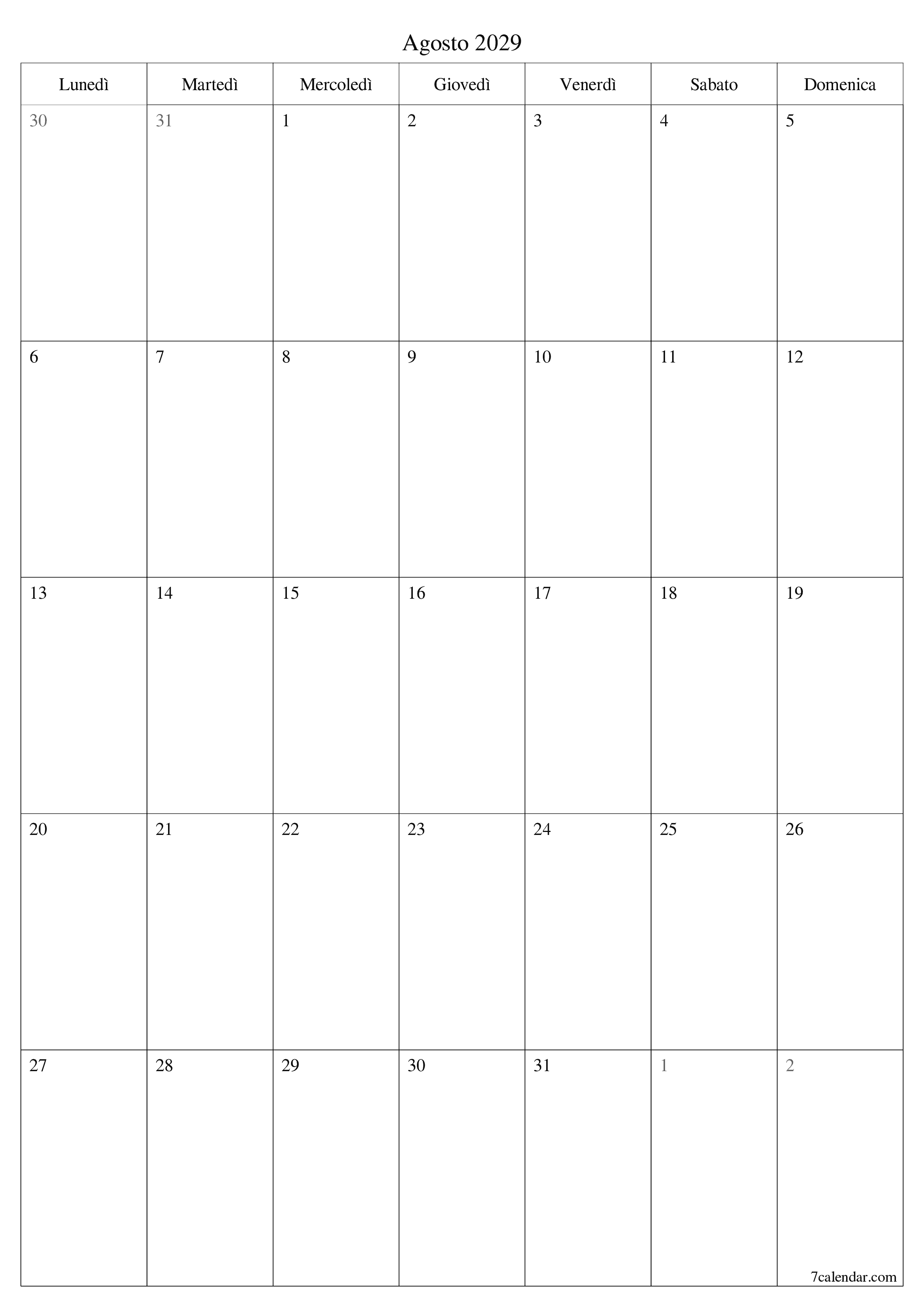  stampabile da parete modello di gratuitoverticale Mensile pianificatore calendario Agosto (Ago) 2029