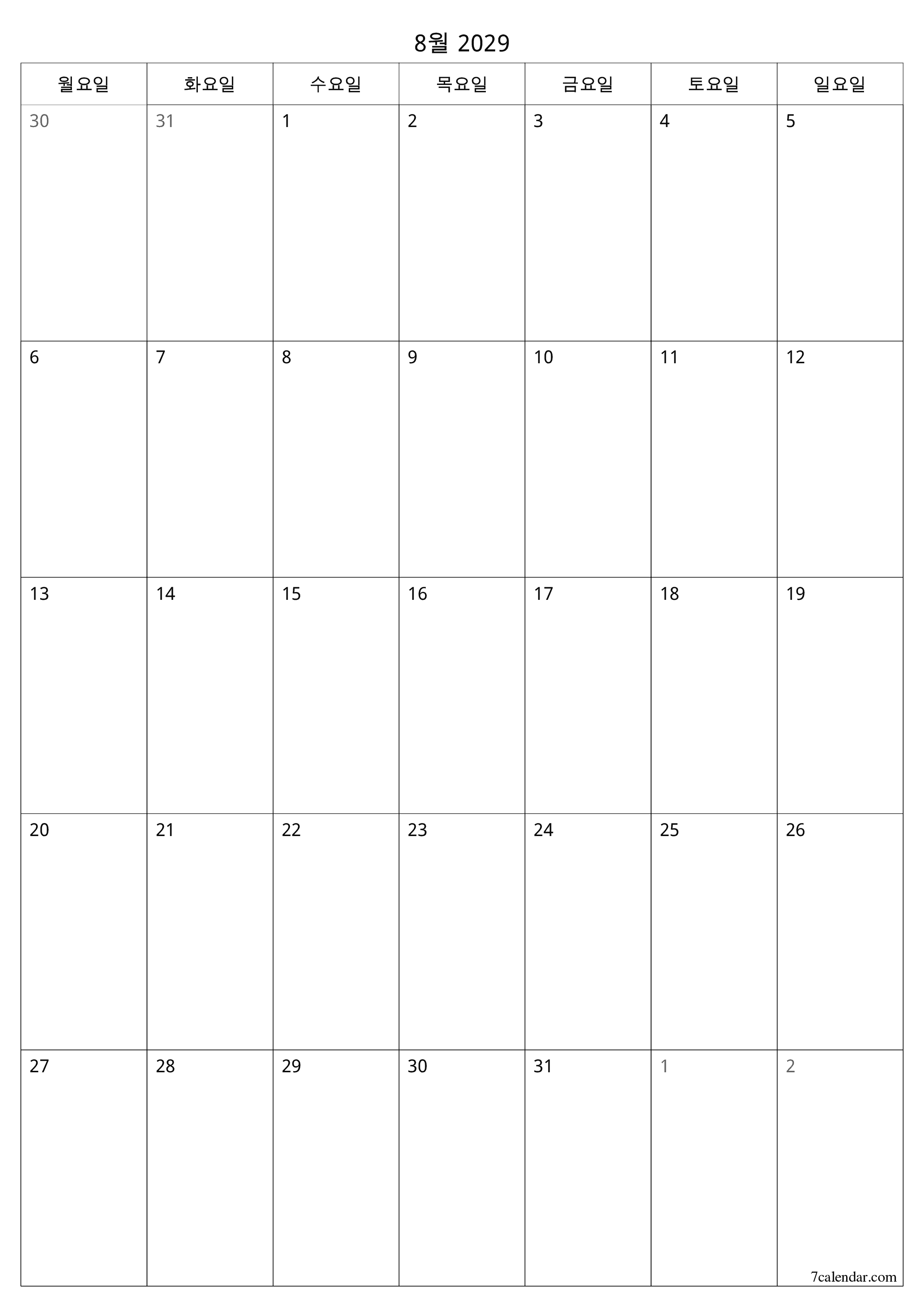 메모가있는 8월 2029 월의 월간 플래너 비우기, PDF PNG Korean-7calendar.com으로 저장 및 인쇄