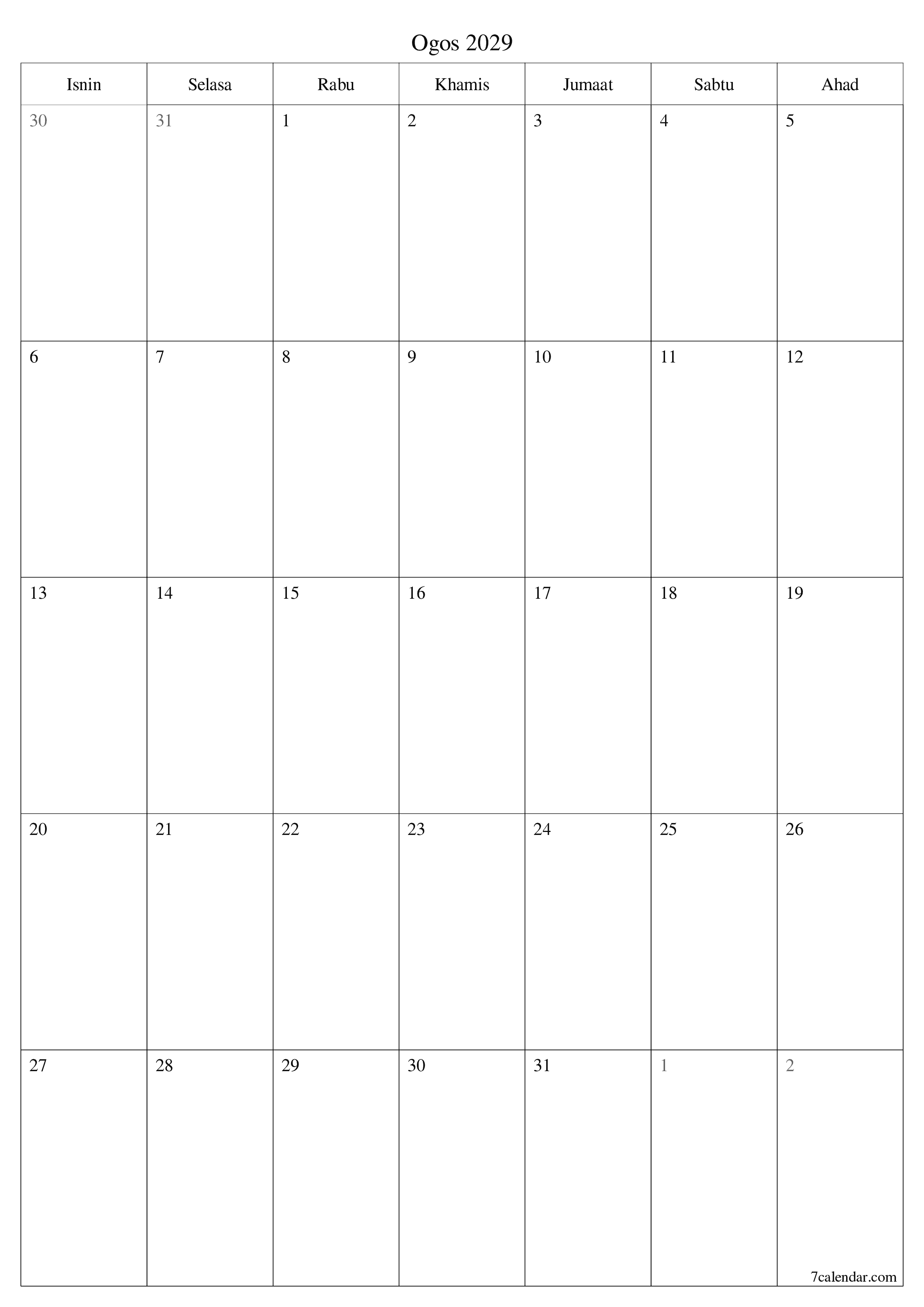  boleh cetak dinding templat percumamenegak Bulanan perancang kalendar Ogos (Ogo) 2029