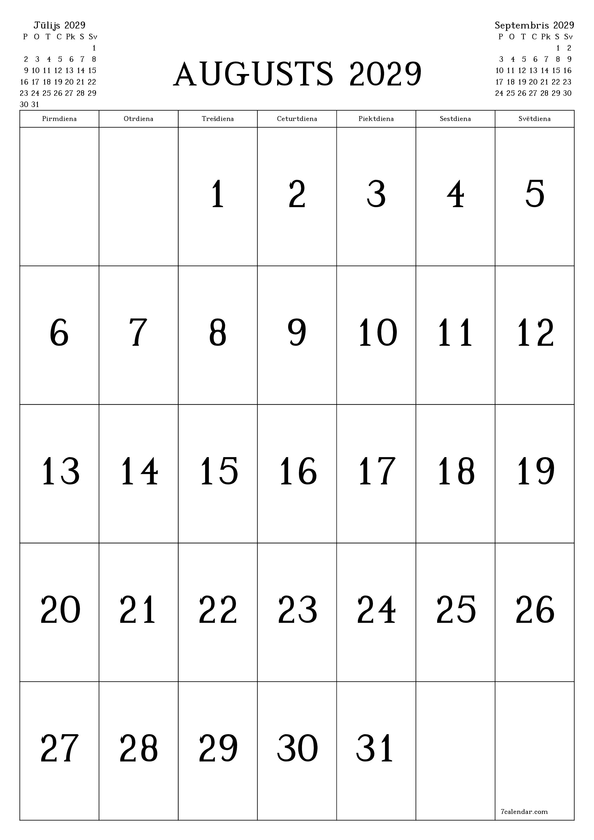 izdrukājams sienas kalendāra veidne bezmaksas vertikāli Mēneša kalendārs Augusts (Aug) 2029