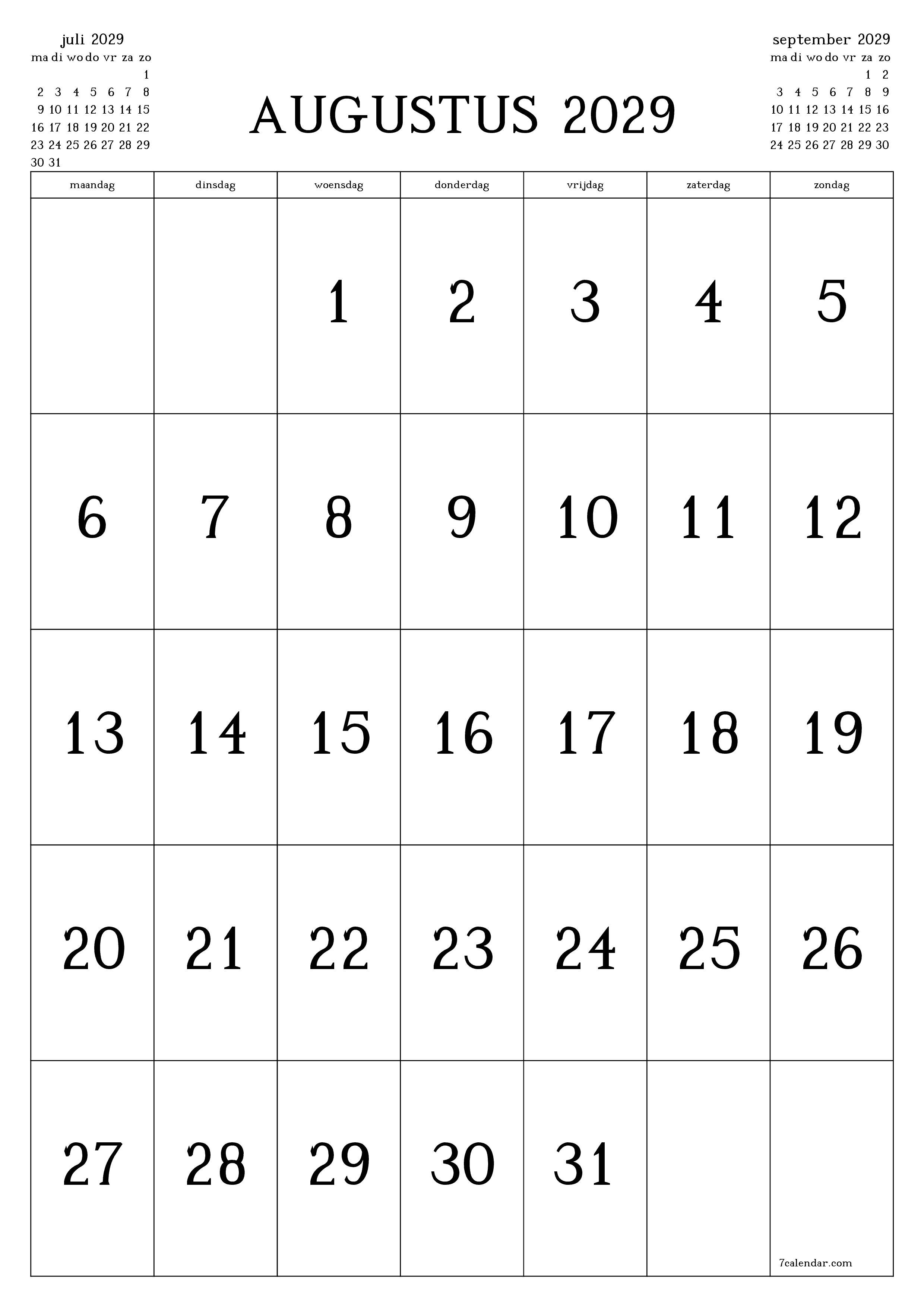 Lege maandplanner voor maand augustus 2029 met notities, opslaan en afdrukken naar pdf PNG Dutch