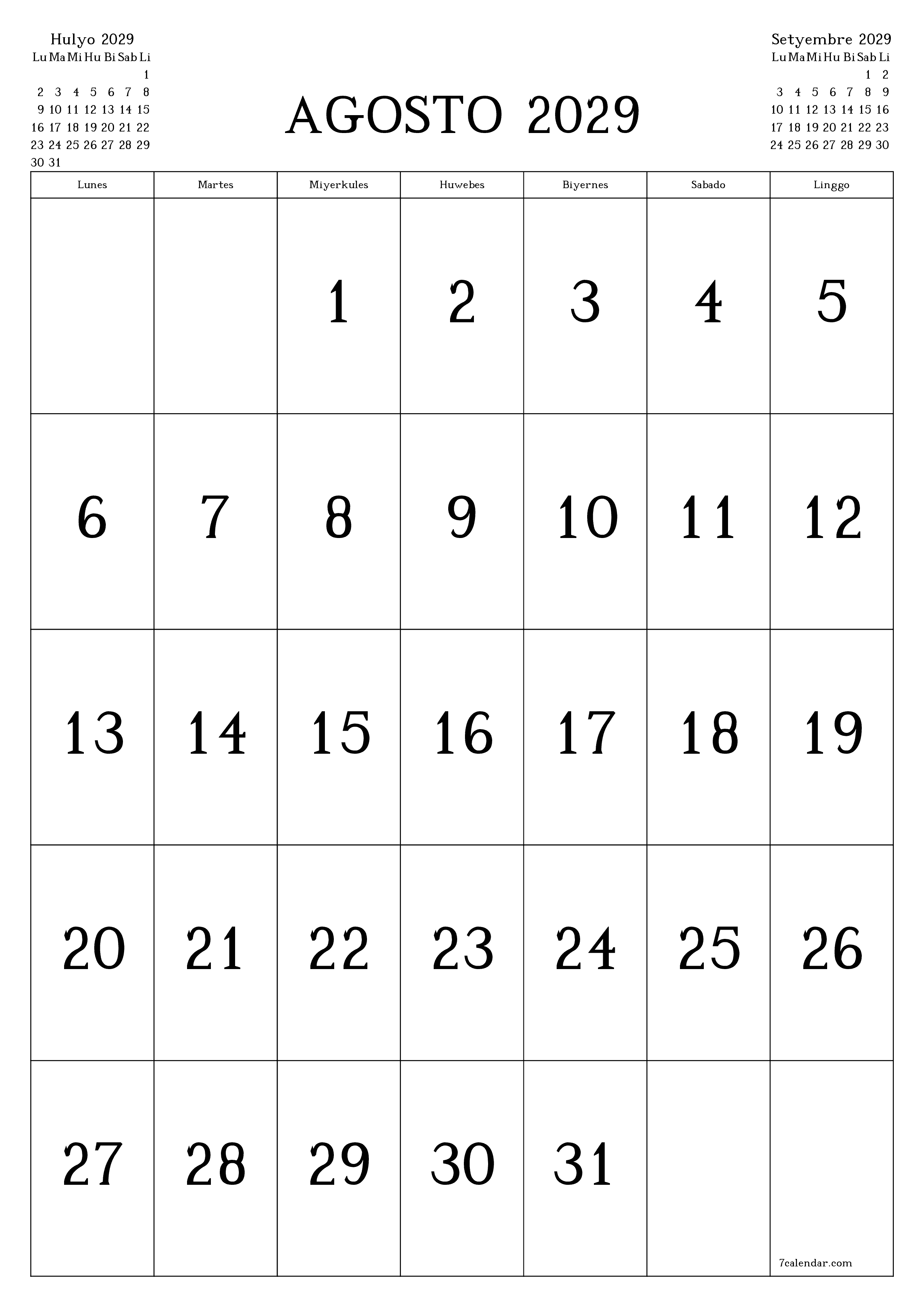 Walang laman na buwanang tagaplano para sa buwan na Agosto 2029 na may mga tala, i-save at i-print sa PDF PNG Filipino