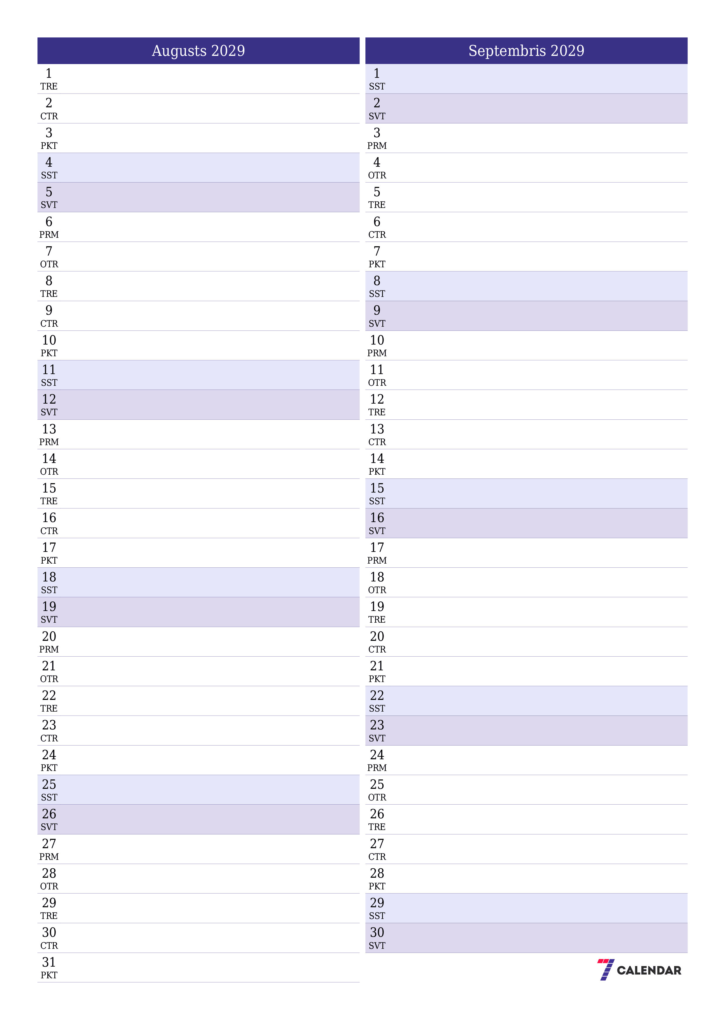 izdrukājams sienas kalendāra veidne bezmaksas vertikāli Mēneša plānotājs kalendārs Augusts (Aug) 2029