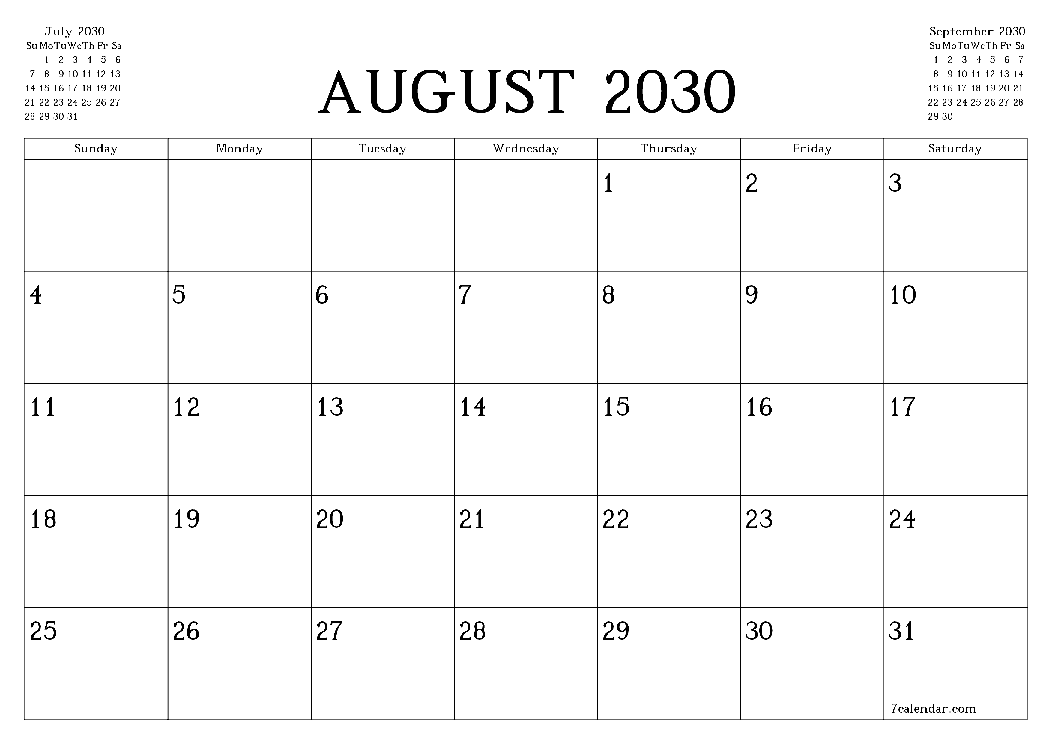Blank calendar August 2030