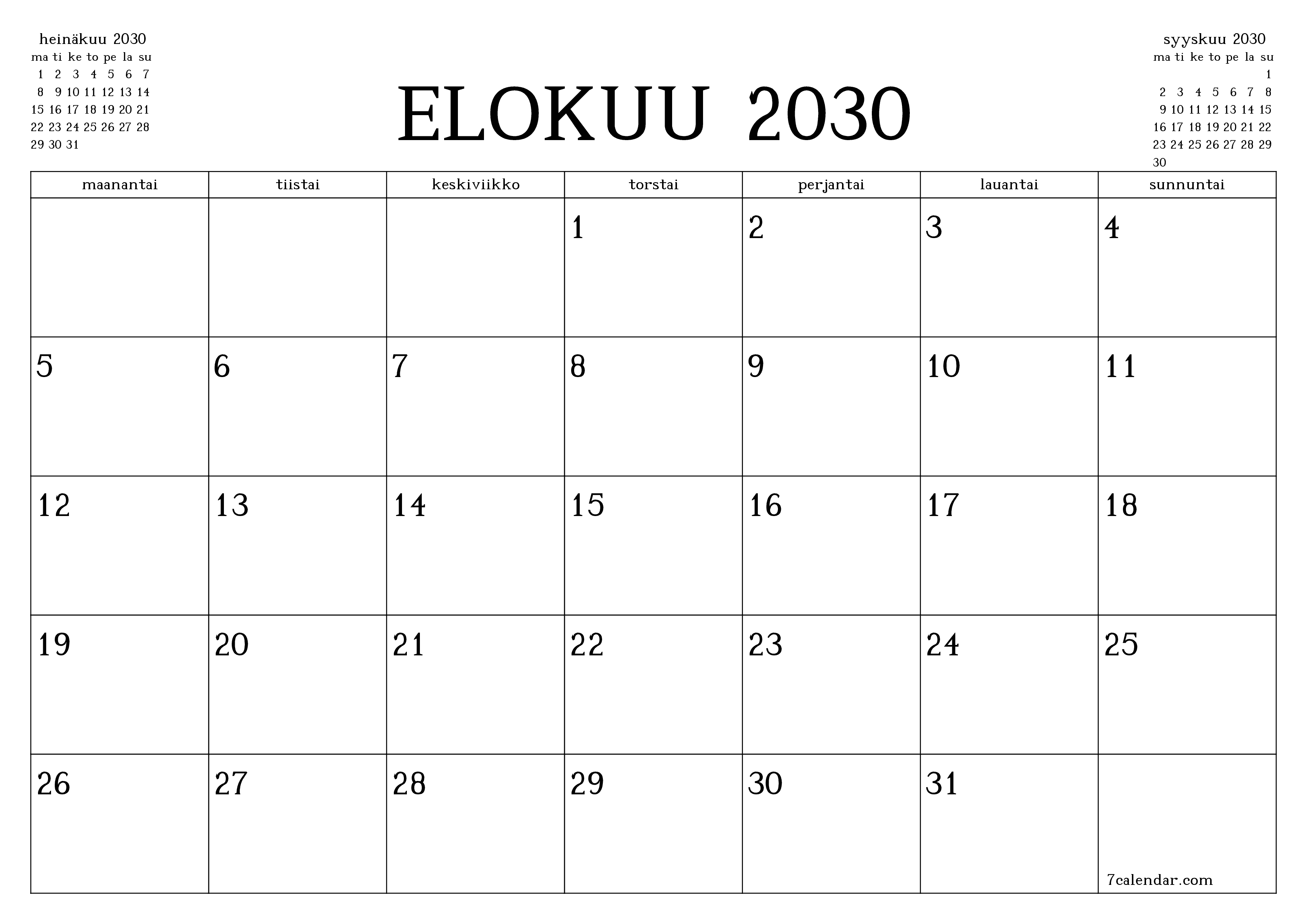 Tyhjennä kuukausittainen suunnittelija kuukaudelle Elokuu 2030 muistiinpanoilla, tallenna ja tulosta PDF-muotoon PNG Finnish