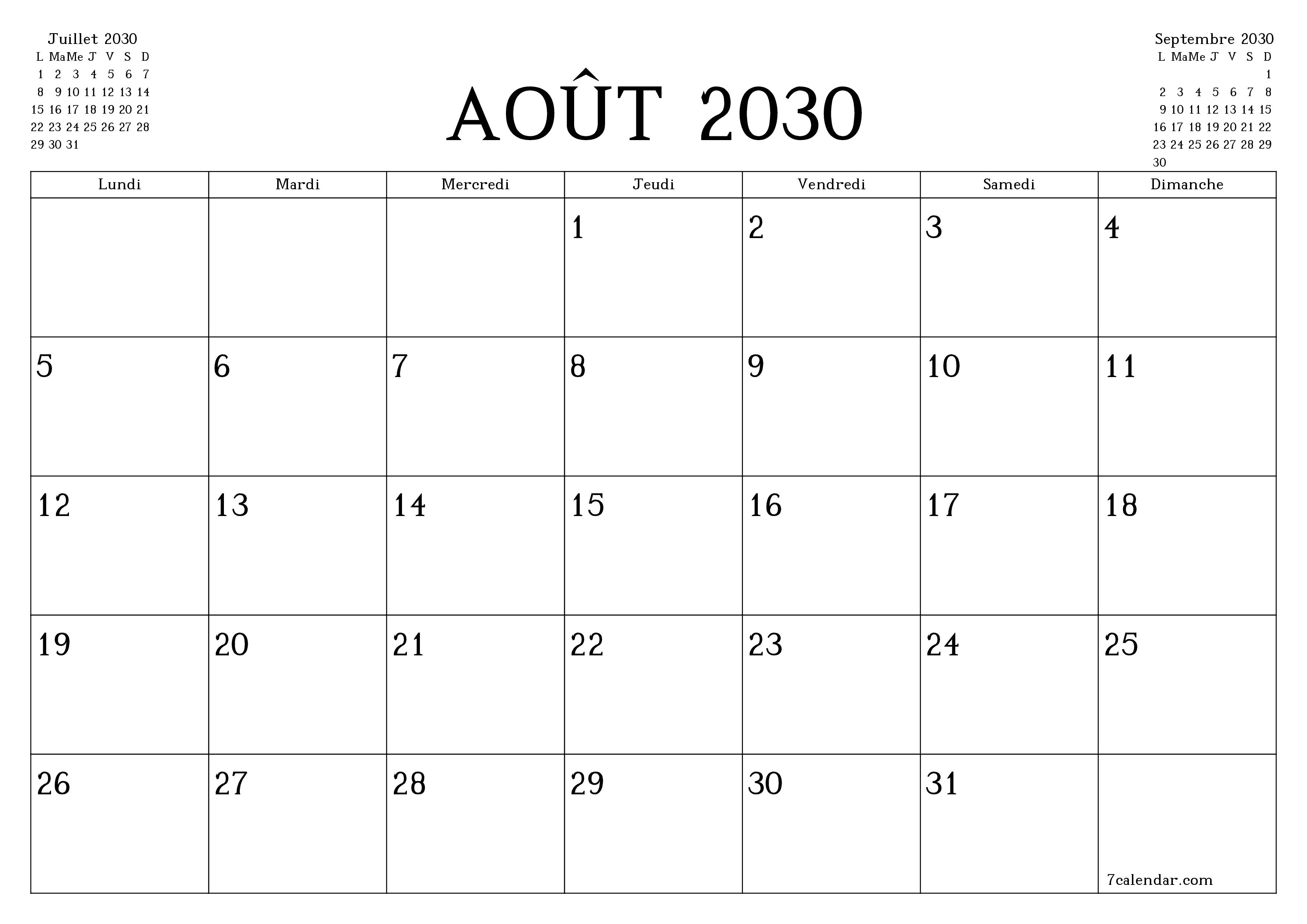 Agenda mensuel vide pour le mois Août 2030 avec notes, enregistrez et imprimez au format PDF PNG French