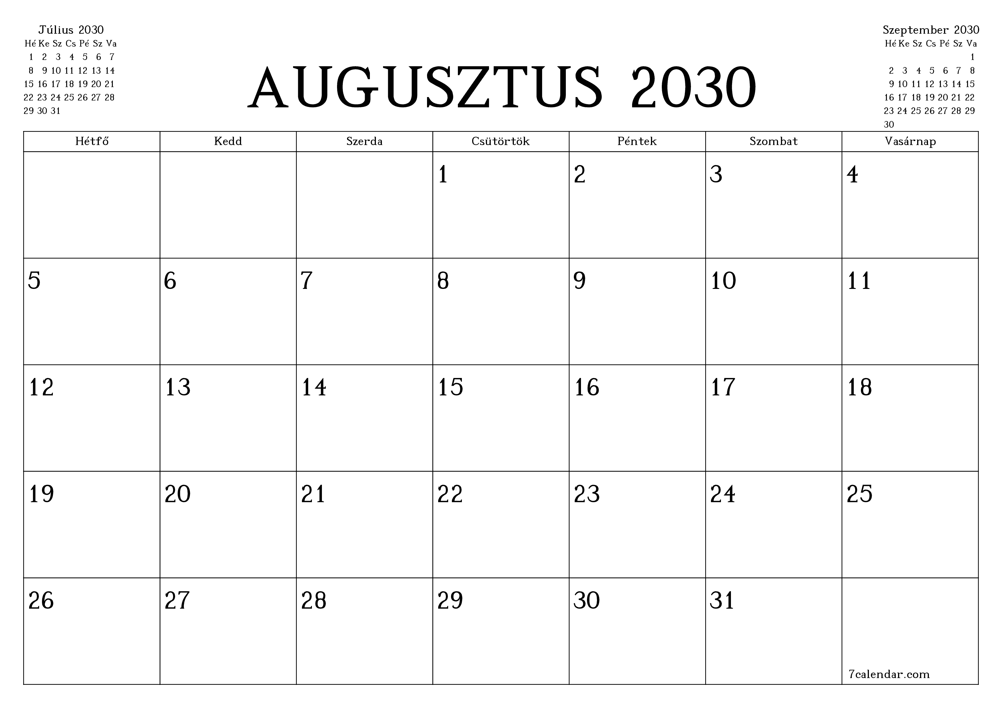 Üres havi tervező a Augusztus 2030 hónapra jegyzetekkel, mentés és nyomtatás PDF-be PNG Hungarian