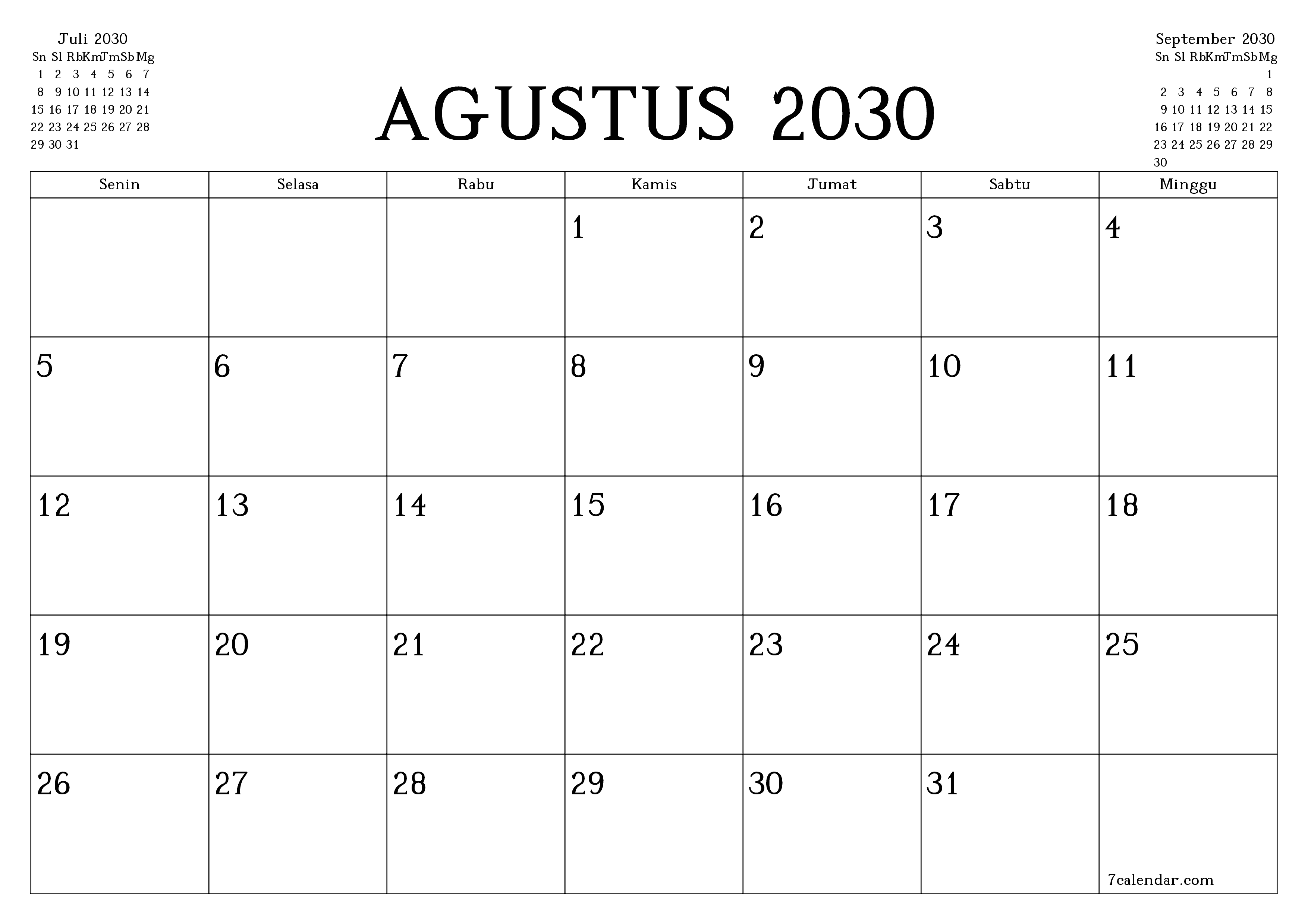 Kosongkan agenda bulanan untuk bulan Agustus 2030 dengan catatan, simpan dan cetak ke PDF PNG Indonesian