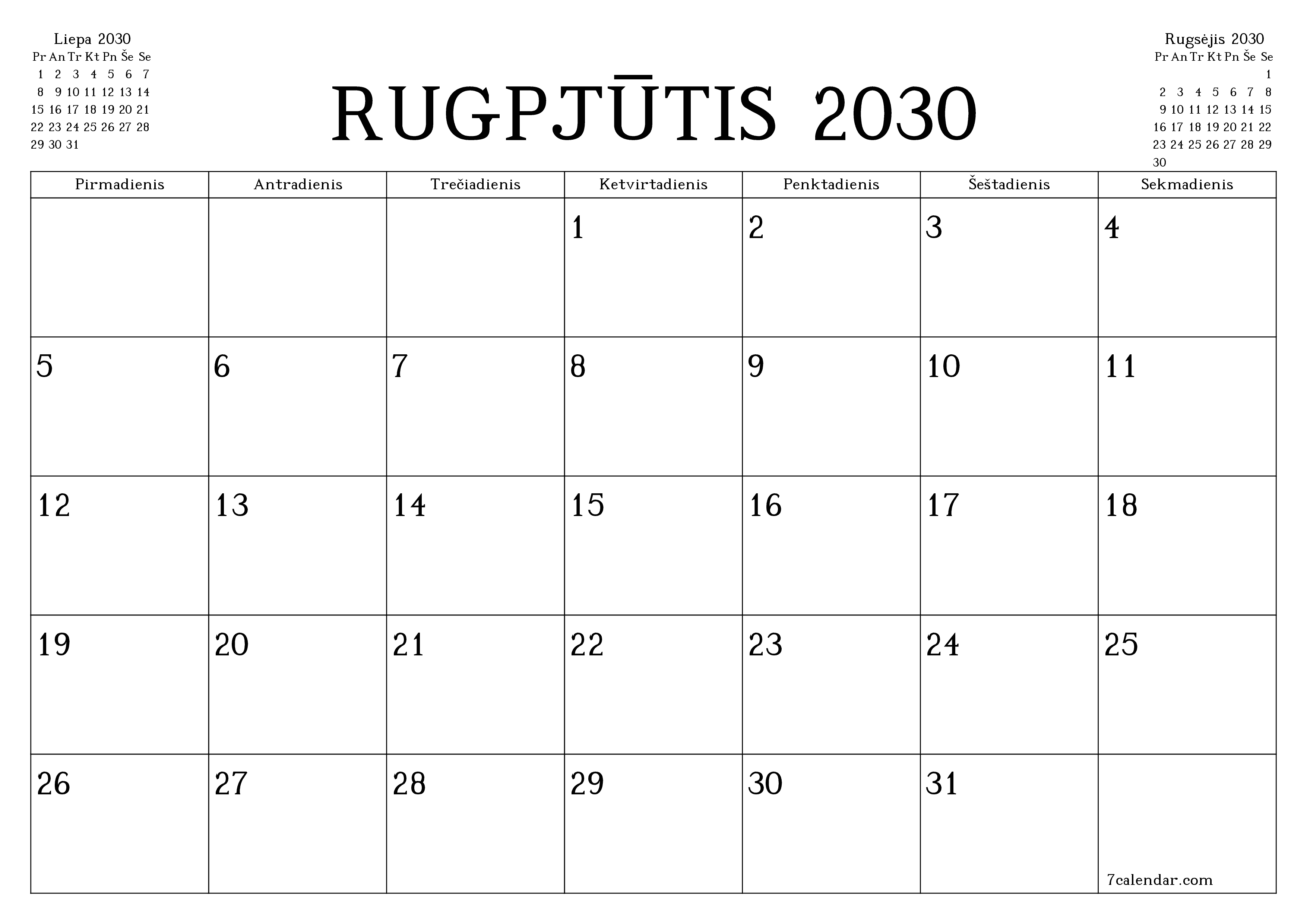 Ištuštinti mėnesio Rugpjūtis 2030 mėnesio planavimo priemonę su užrašais, išsaugoti ir atsispausdinti PDF formate PNG Lithuanian