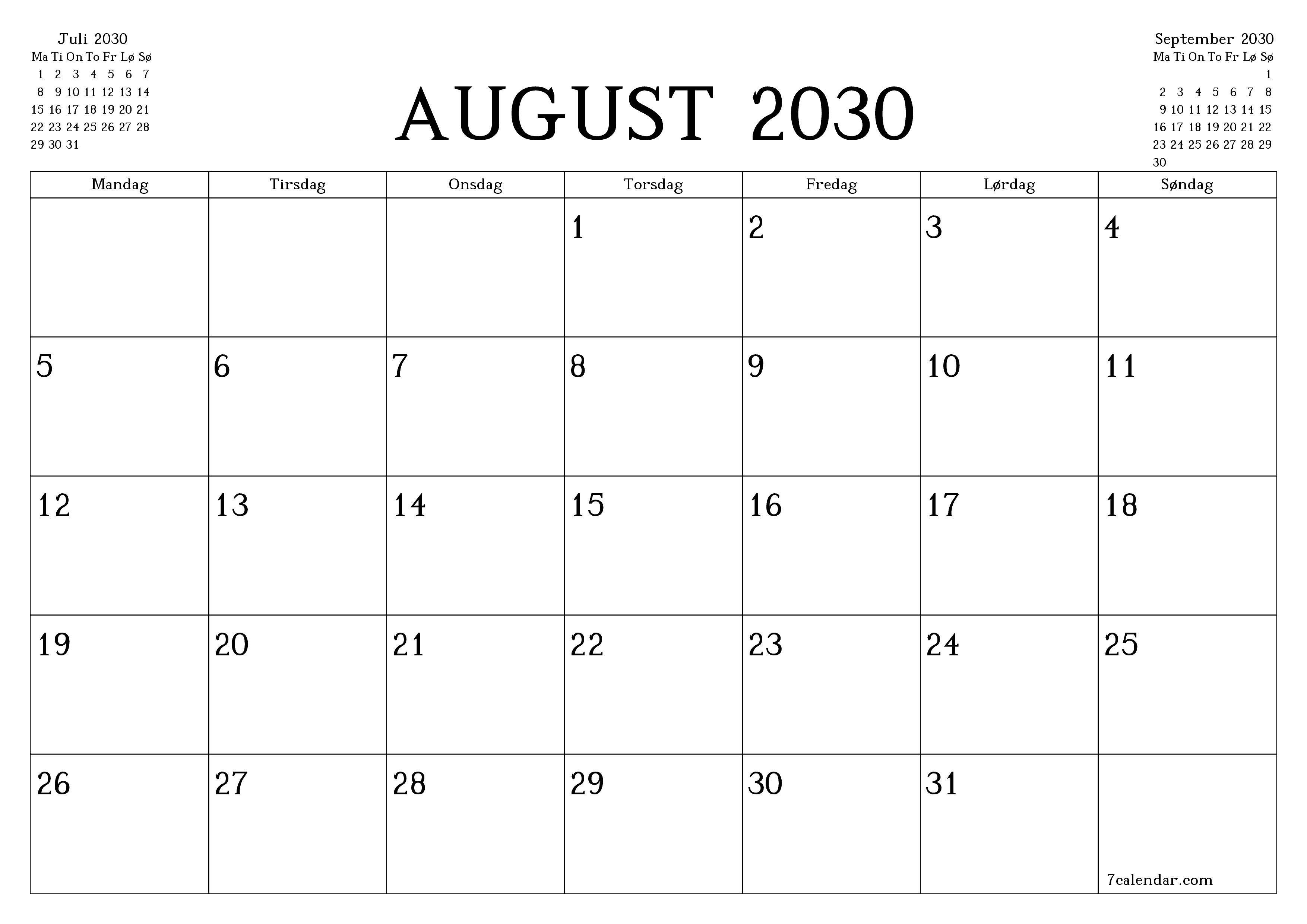 Tom månedlig planlegger for måned August 2030 med notater, lagre og skriv ut til PDF PNG Norwegian