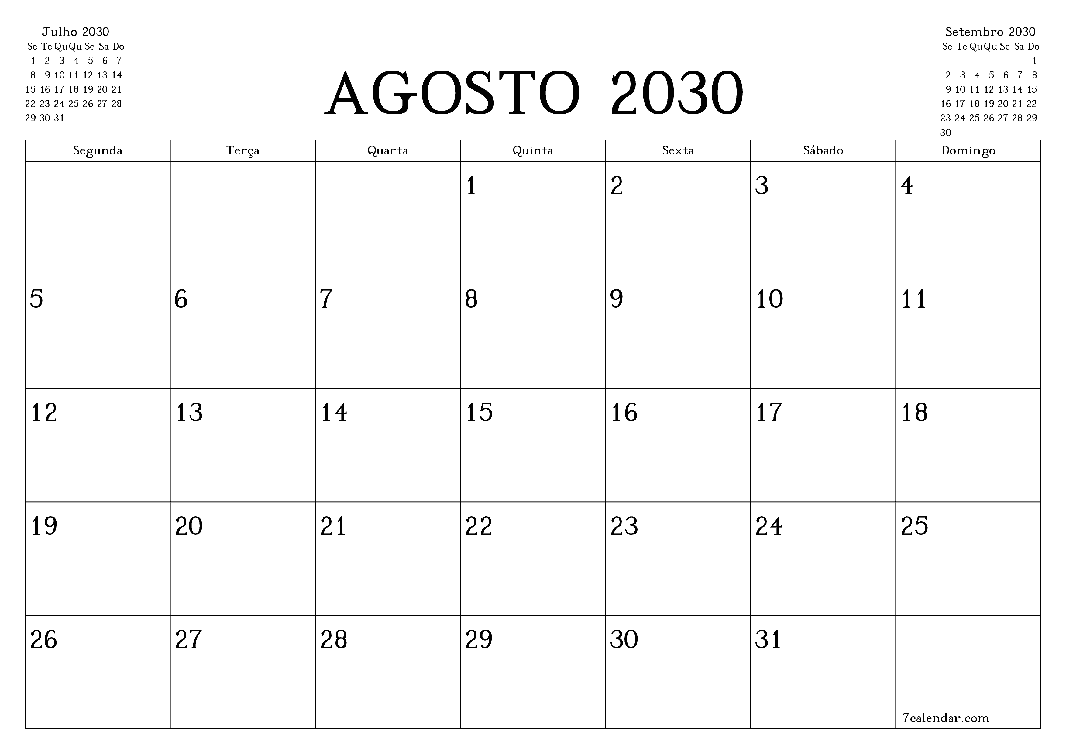 Esvazie o planejador mensal para o mês Agosto 2030 com notas, salve e imprima em PDF PNG Portuguese