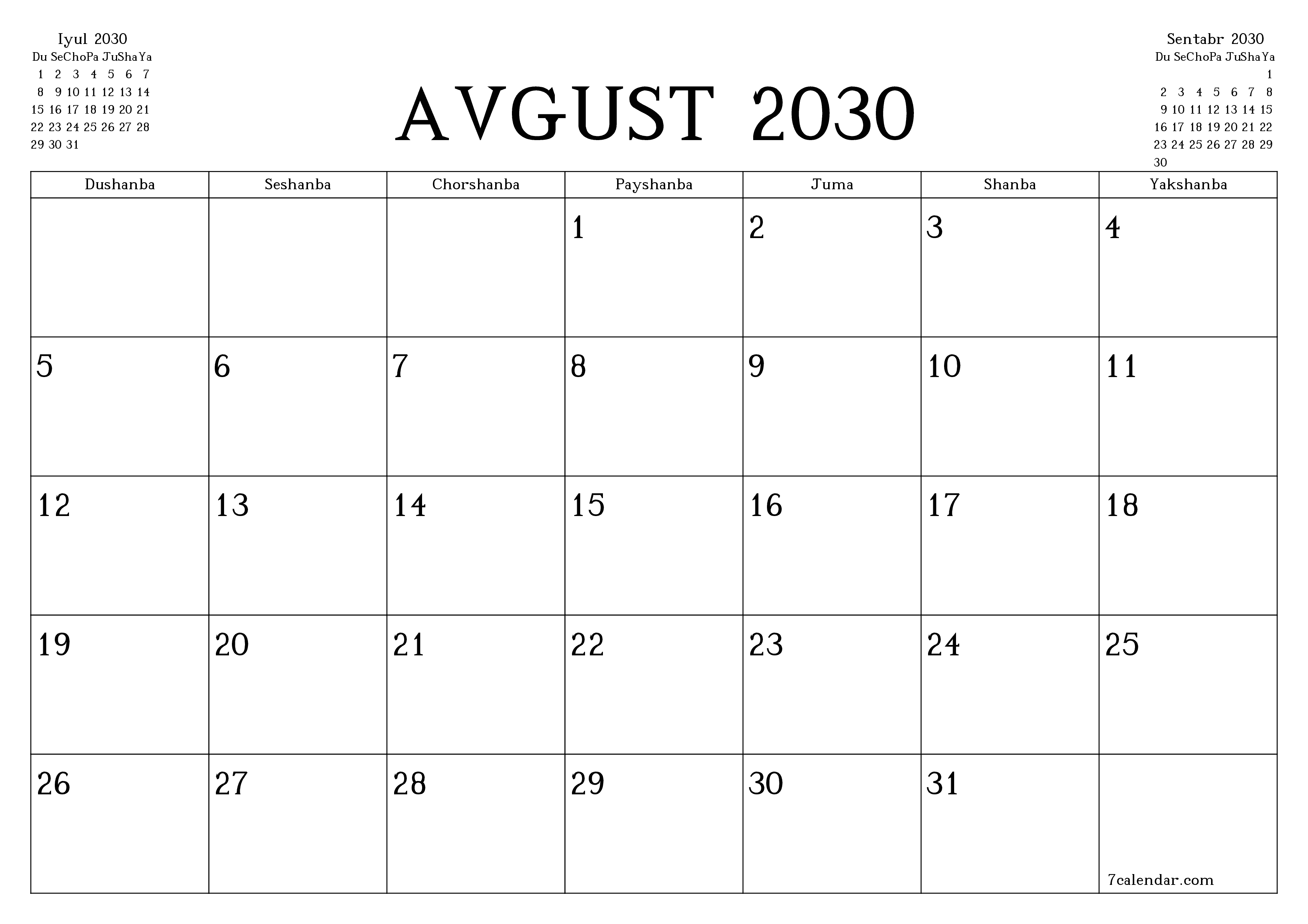 Avgust 2030 oylik oylik rejalashtiruvchini yozuvlar bilan bo'shatish, saqlash va PDF-ga chop etish PNG Uzbek