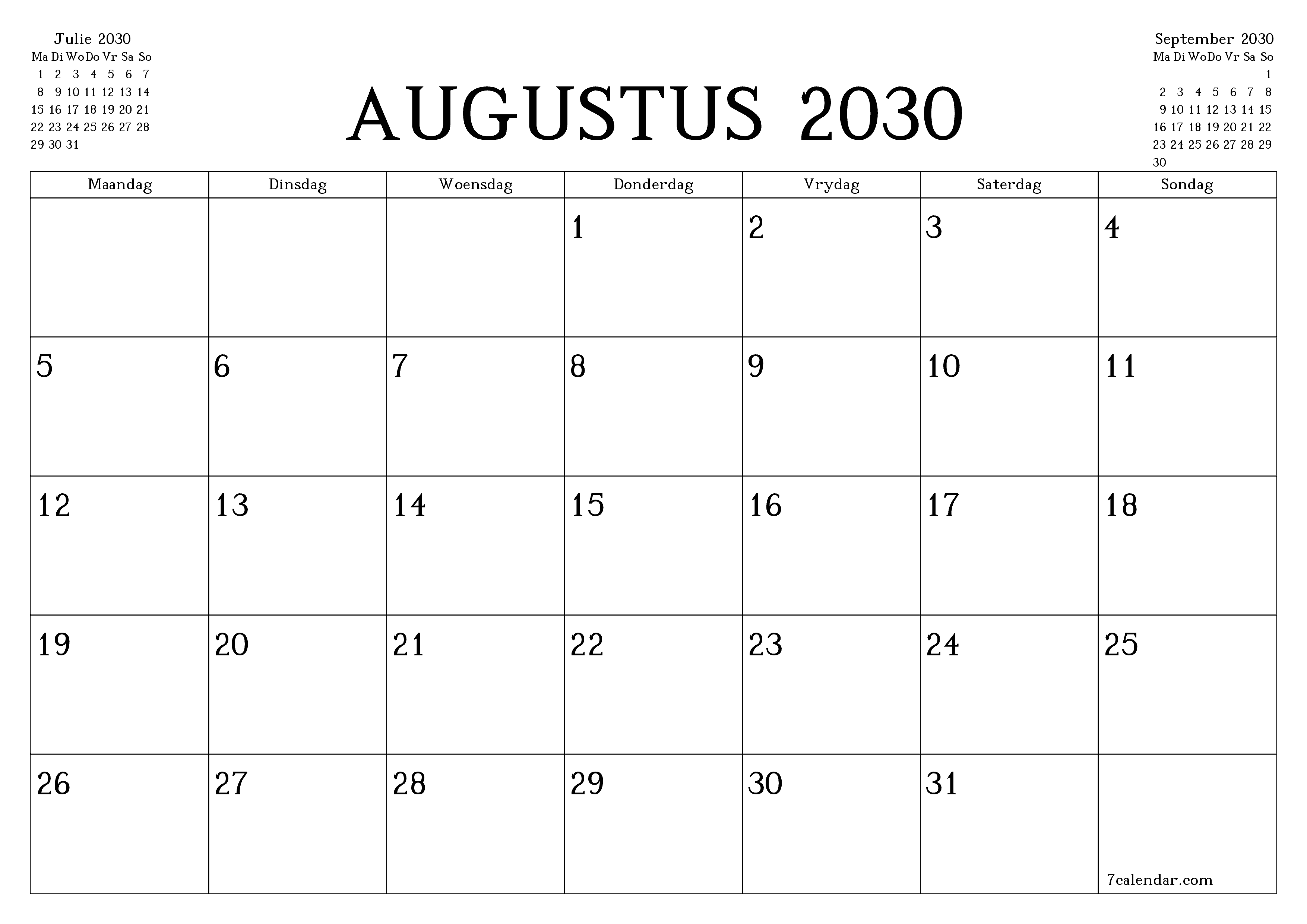 Leë maandelikse drukbare kalender en beplanner vir maand Augustus 2030 met notas stoor en druk na PDF PNG Afrikaans
