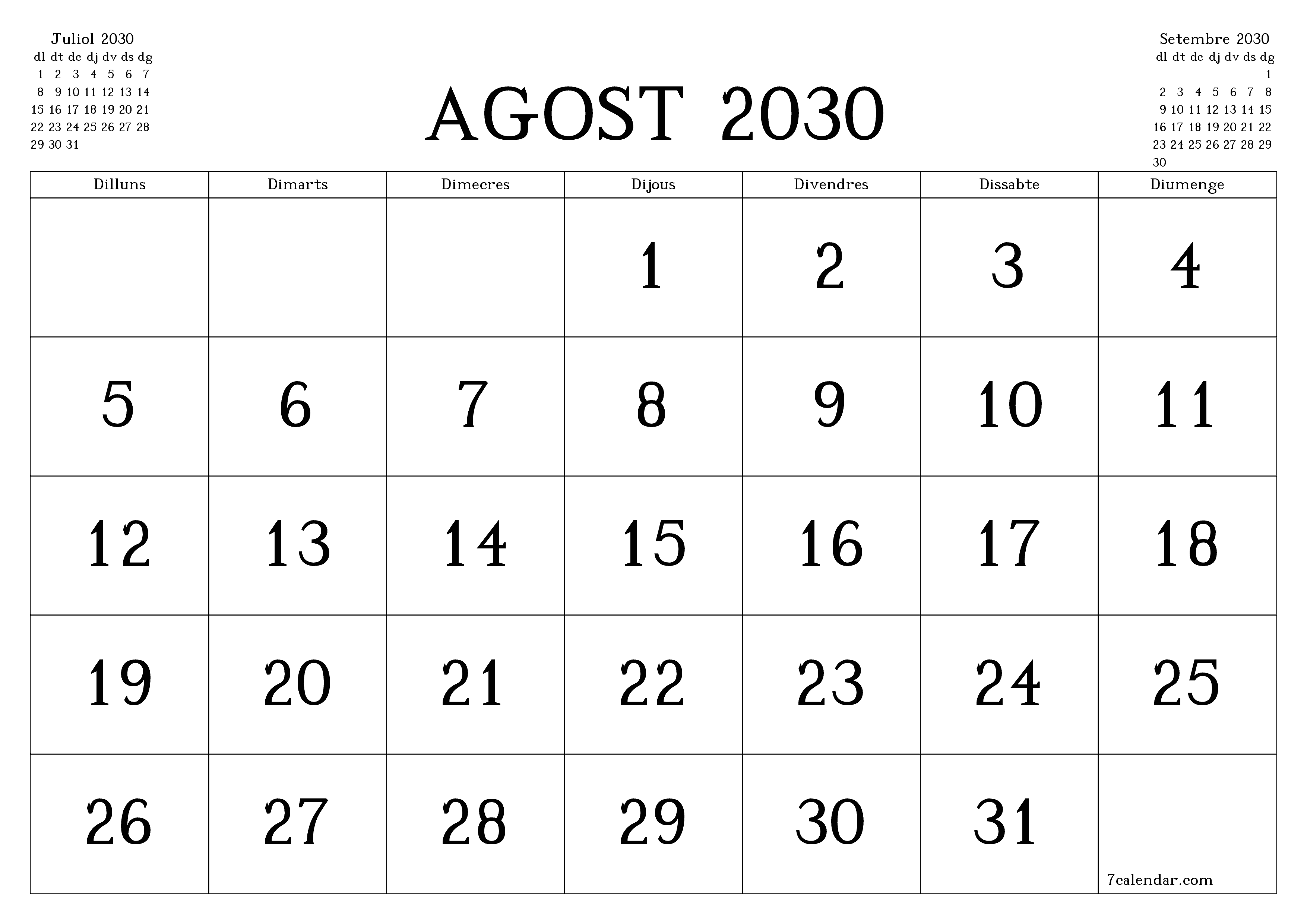 Planificador mensual buit del mes Agost 2030 amb notes, deseu-lo i imprimiu-lo en format PDF PNG Catalan