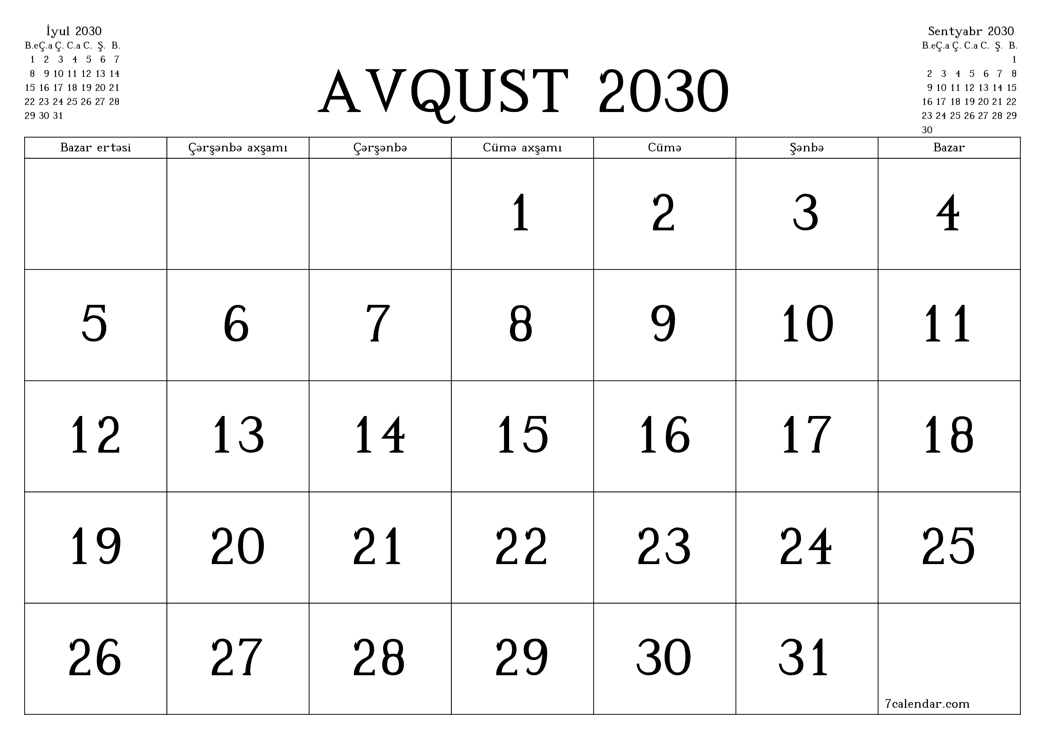 Avqust 2030 ayı üçün qeydlər ilə boş aylıq planlayıcı, qeyd edin və PDF-ə yazdırın PNG Azerbaijani