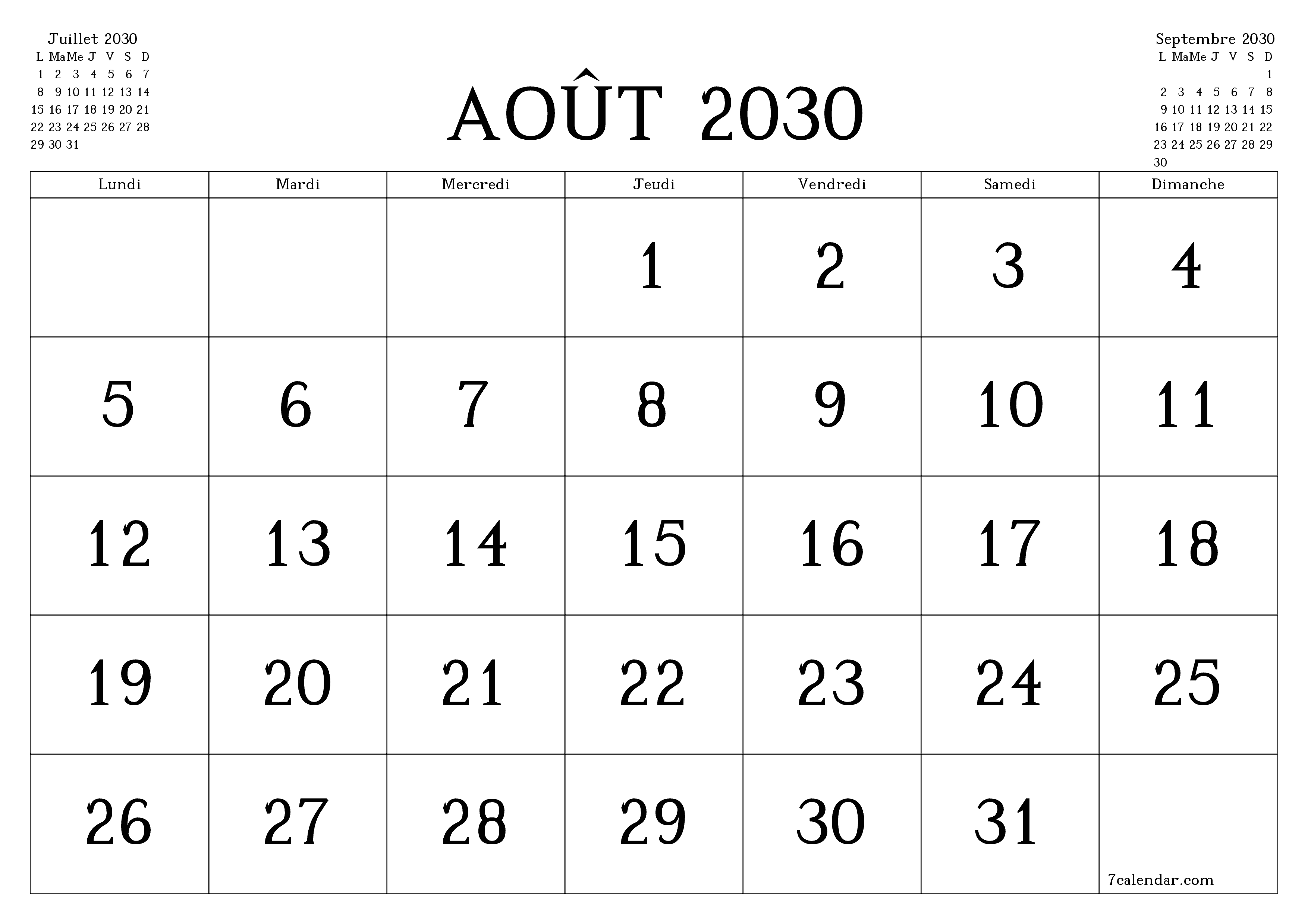 Agenda mensuel vide pour le mois Août 2030 avec notes, enregistrez et imprimez au format PDF PNG French