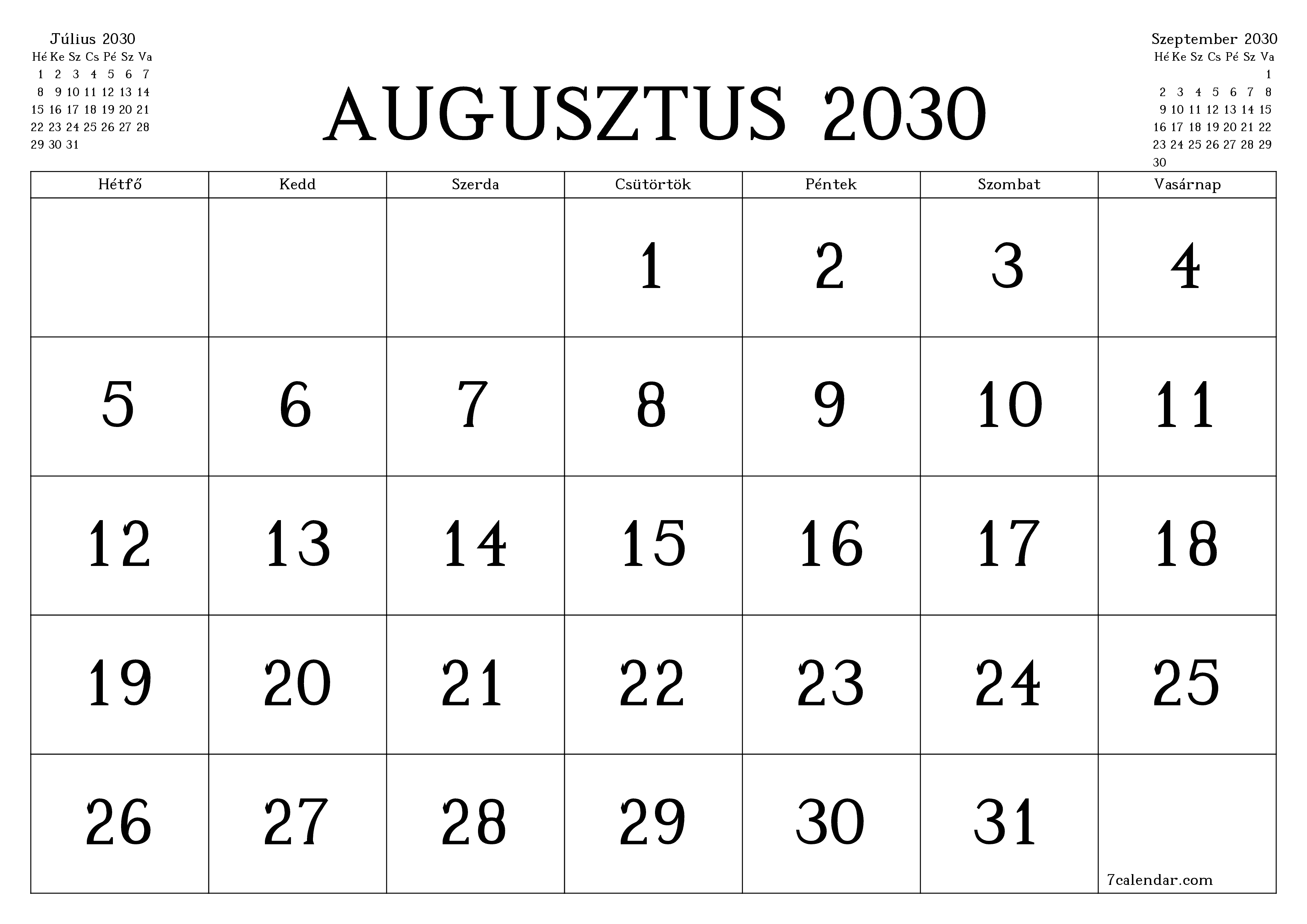 Üres havi tervező a Augusztus 2030 hónapra jegyzetekkel, mentés és nyomtatás PDF-be PNG Hungarian