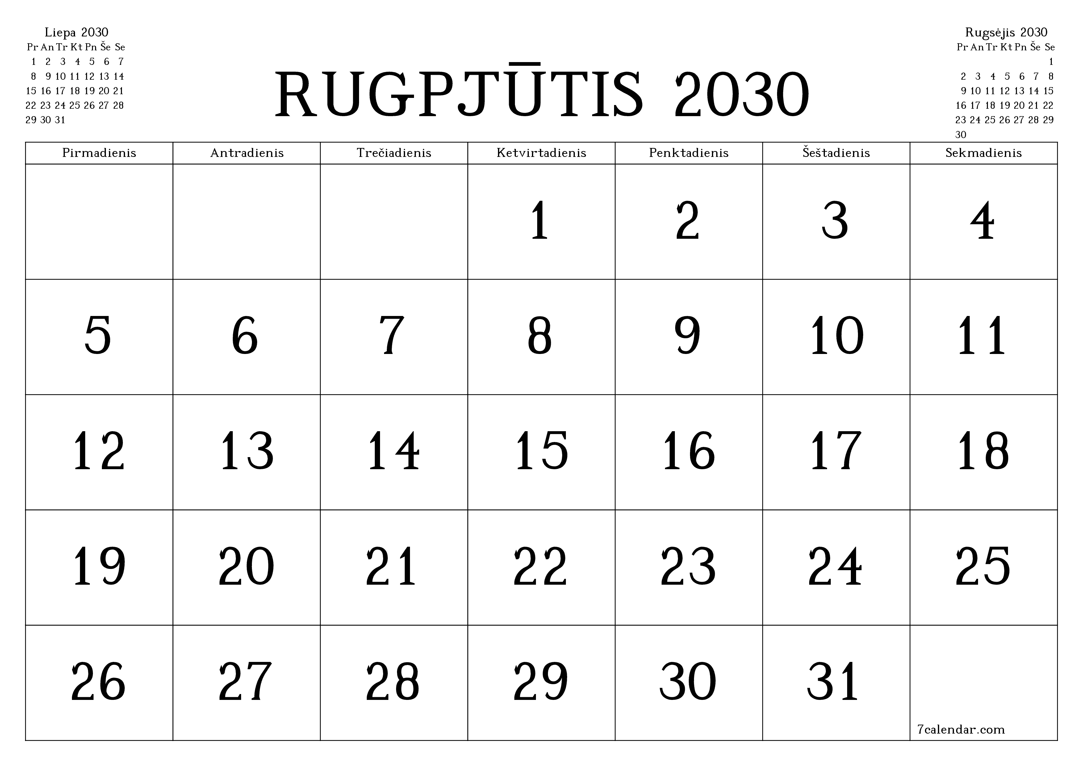 Ištuštinti mėnesio Rugpjūtis 2030 mėnesio planavimo priemonę su užrašais, išsaugoti ir atsispausdinti PDF formate PNG Lithuanian