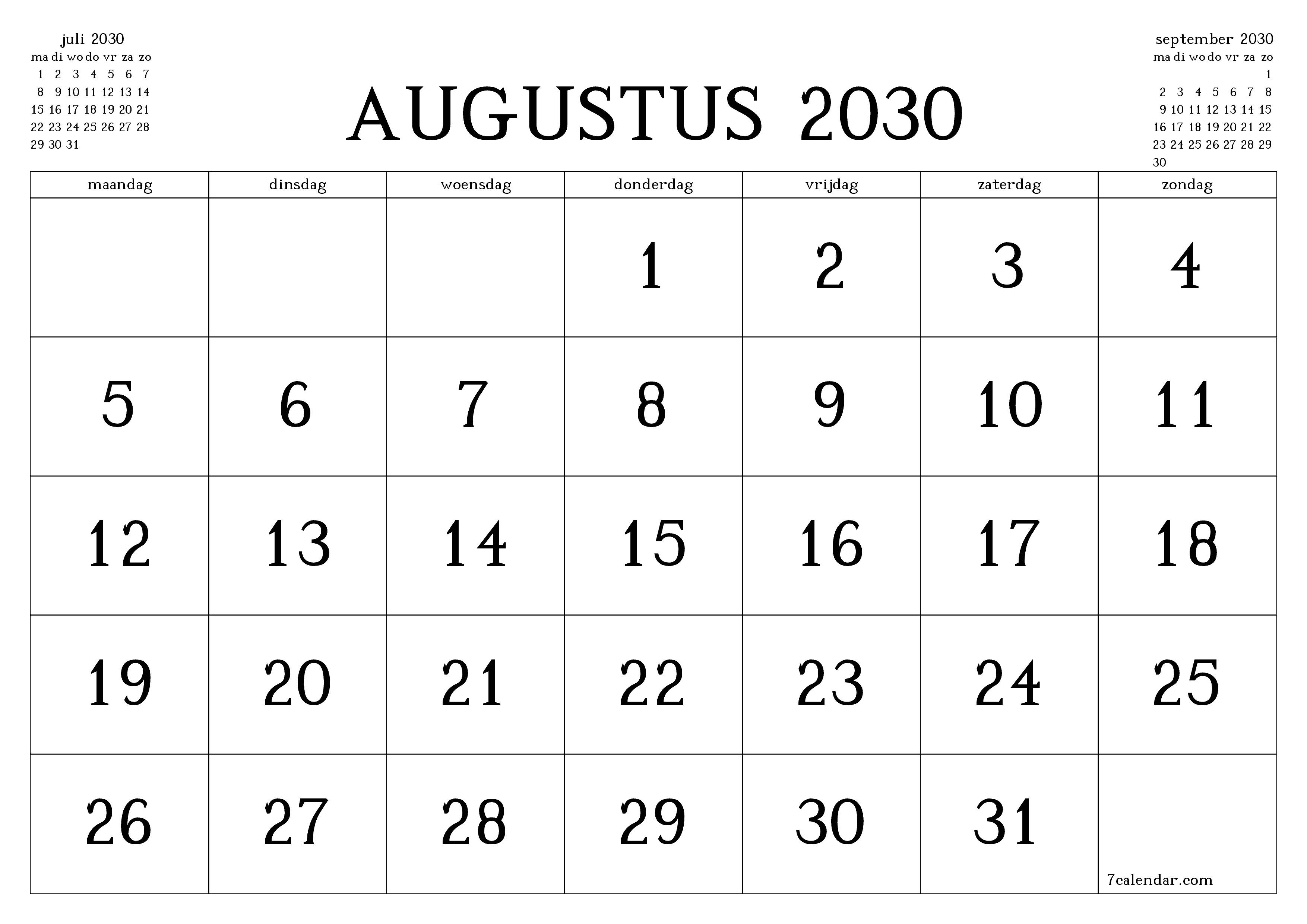 Lege maandplanner voor maand augustus 2030 met notities, opslaan en afdrukken naar pdf PNG Dutch