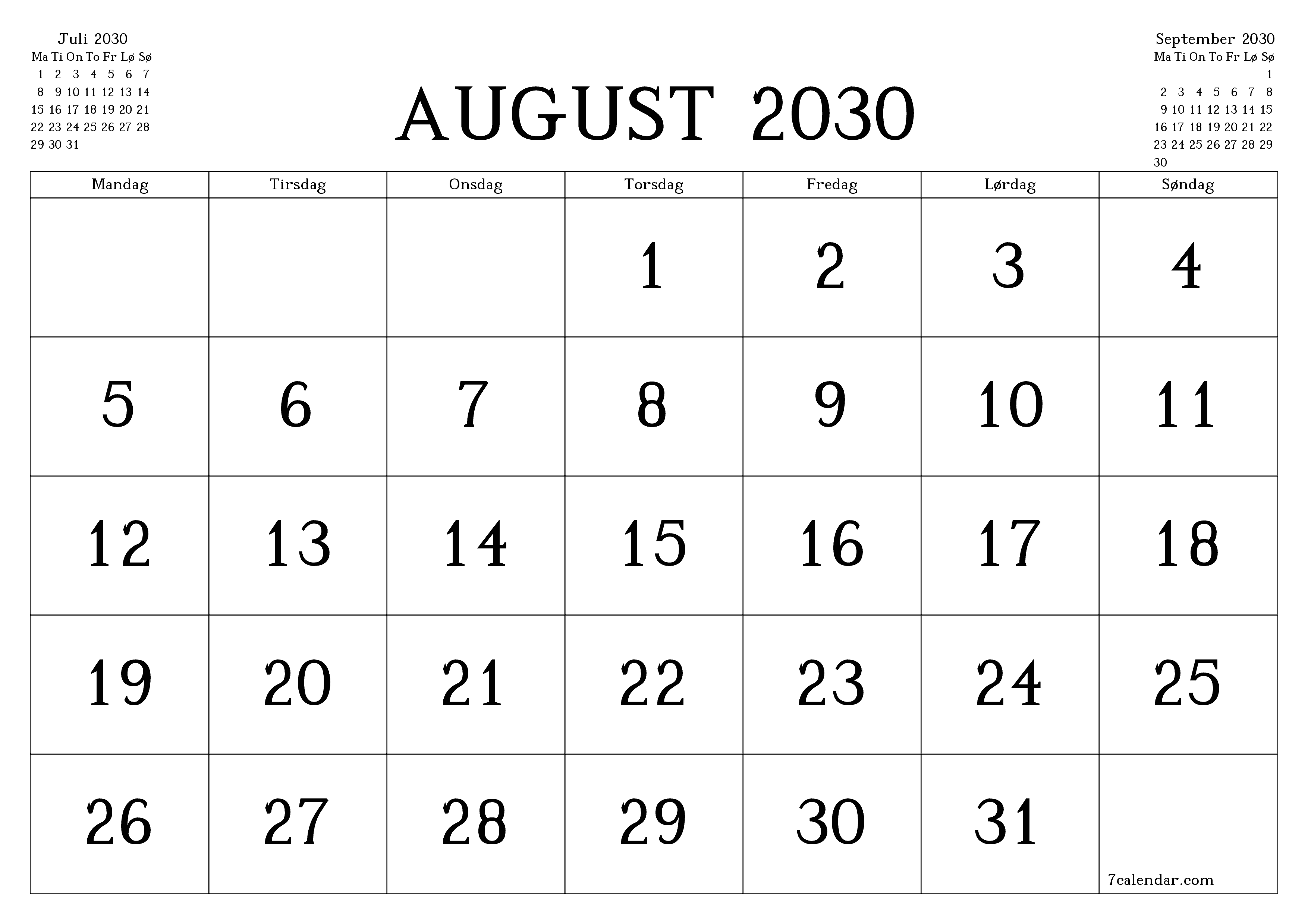 Tom månedlig planlegger for måned August 2030 med notater, lagre og skriv ut til PDF PNG Norwegian