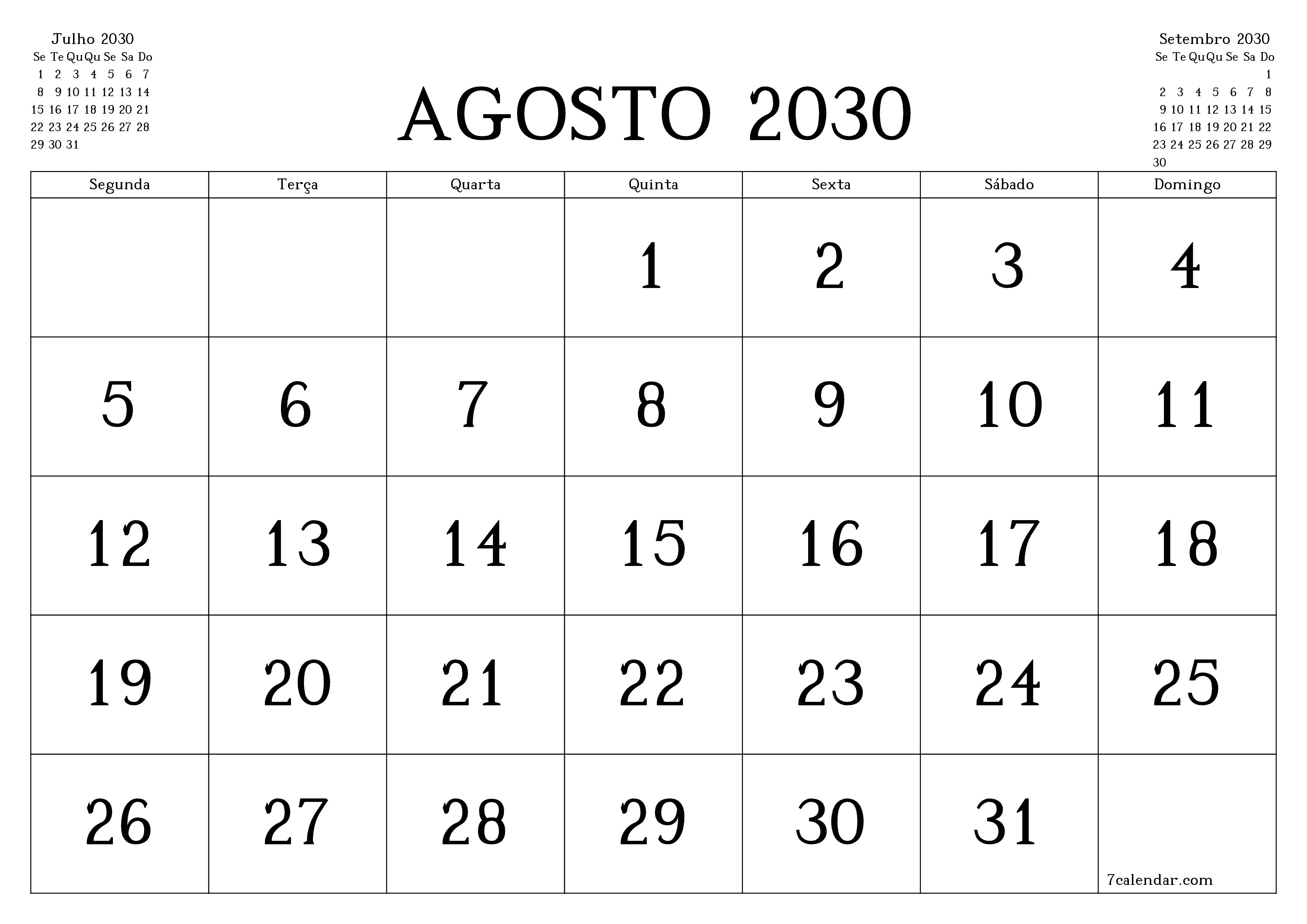 Esvazie o planejador mensal para o mês Agosto 2030 com notas, salve e imprima em PDF PNG Portuguese