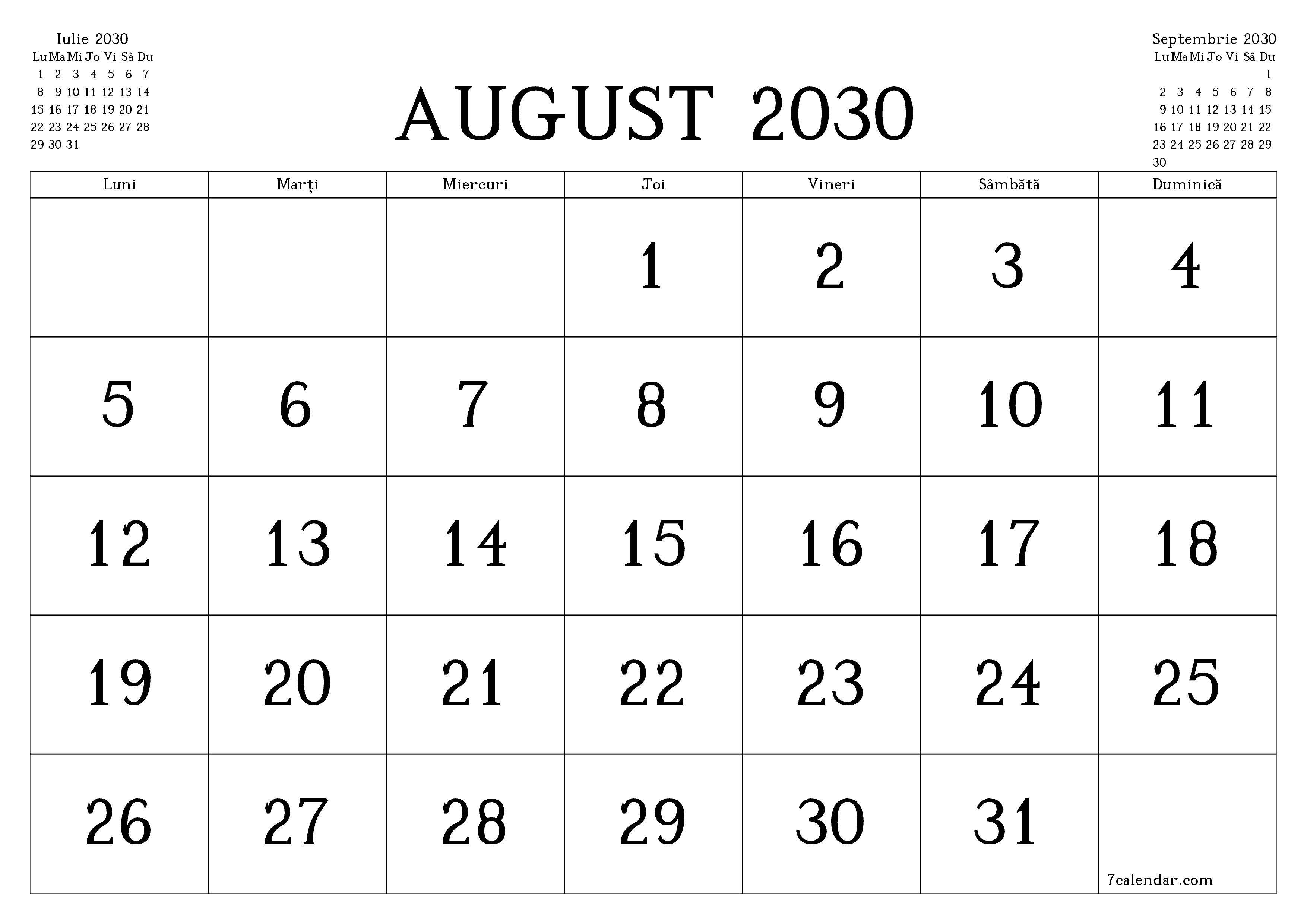 Planificator lunar gol pentru luna August 2030 cu note, salvați și tipăriți în PDF PNG Romanian