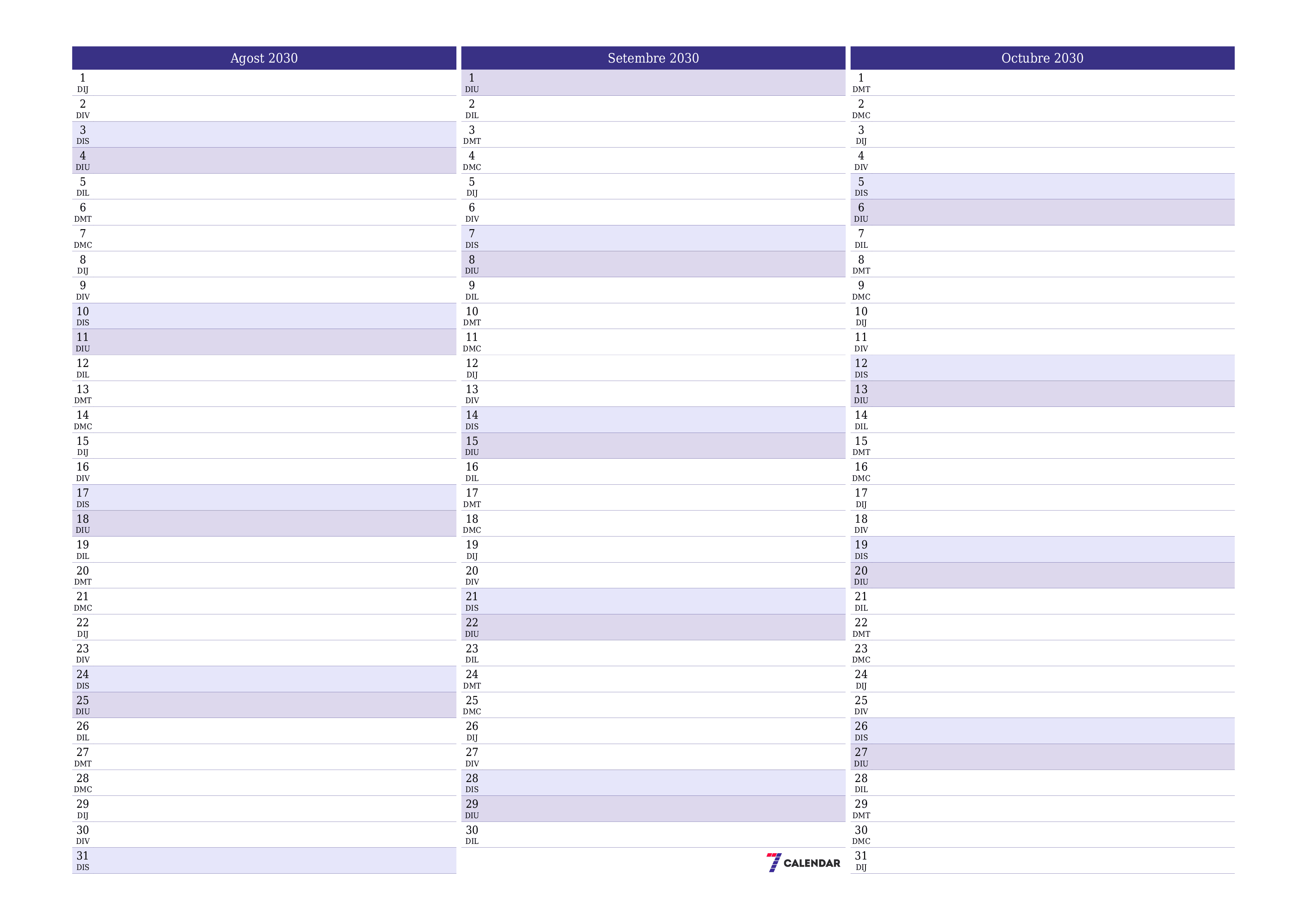 Planificador mensual buit del mes Agost 2030 amb notes, deseu-lo i imprimiu-lo en format PDF PNG Catalan