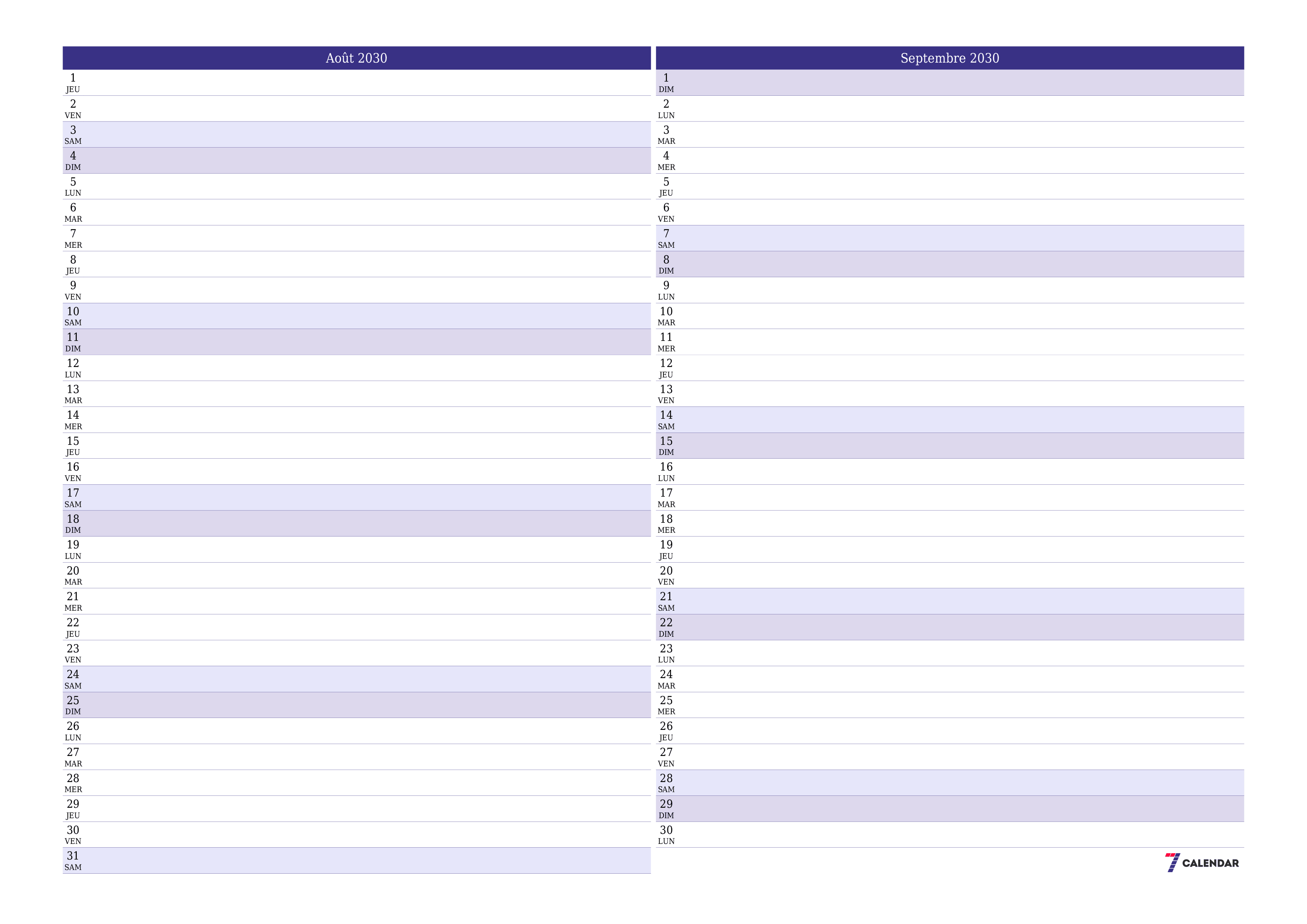 Agenda mensuel vide pour le mois Août 2030 avec notes, enregistrez et imprimez au format PDF PNG French