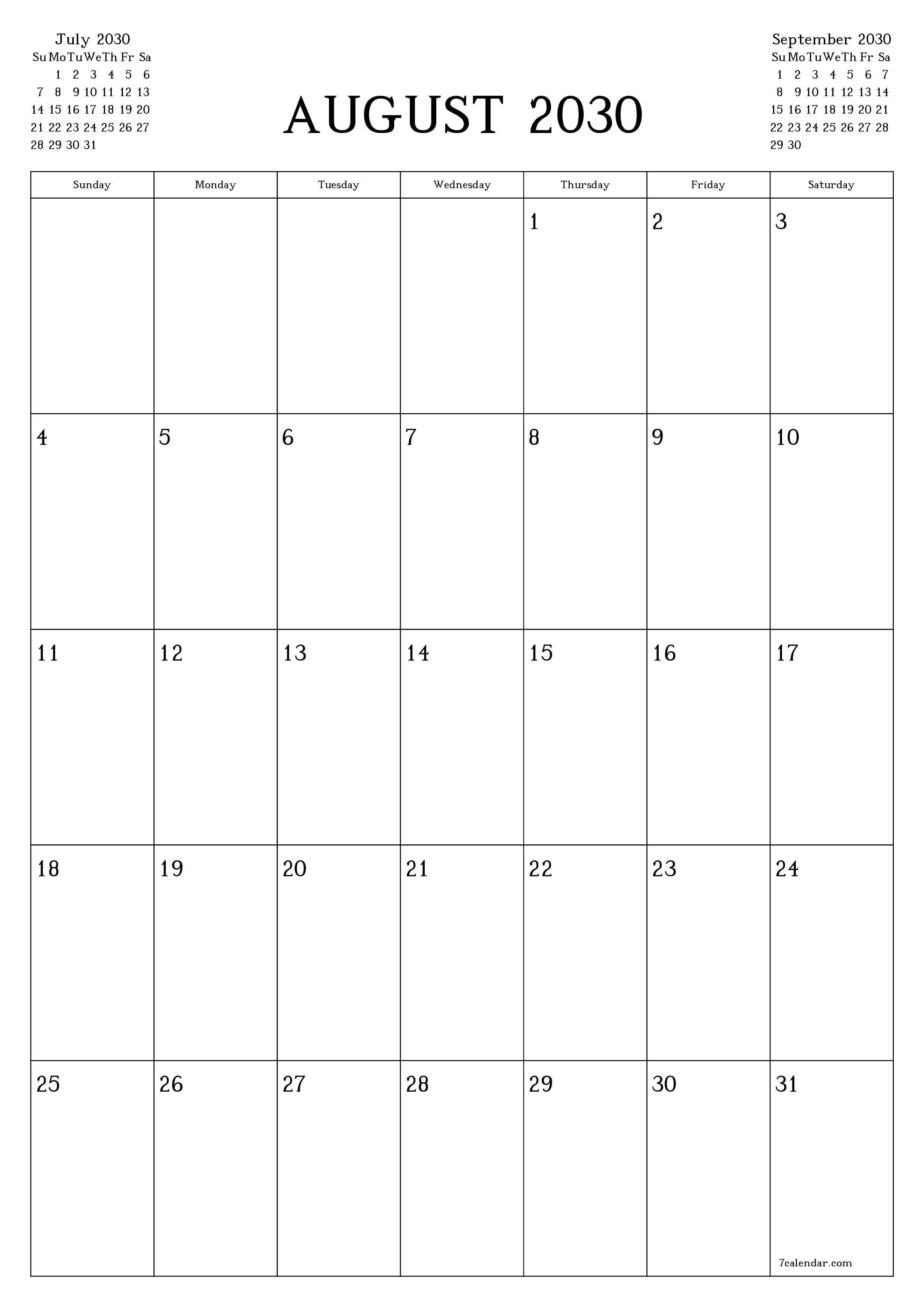 Blank calendar August 2030