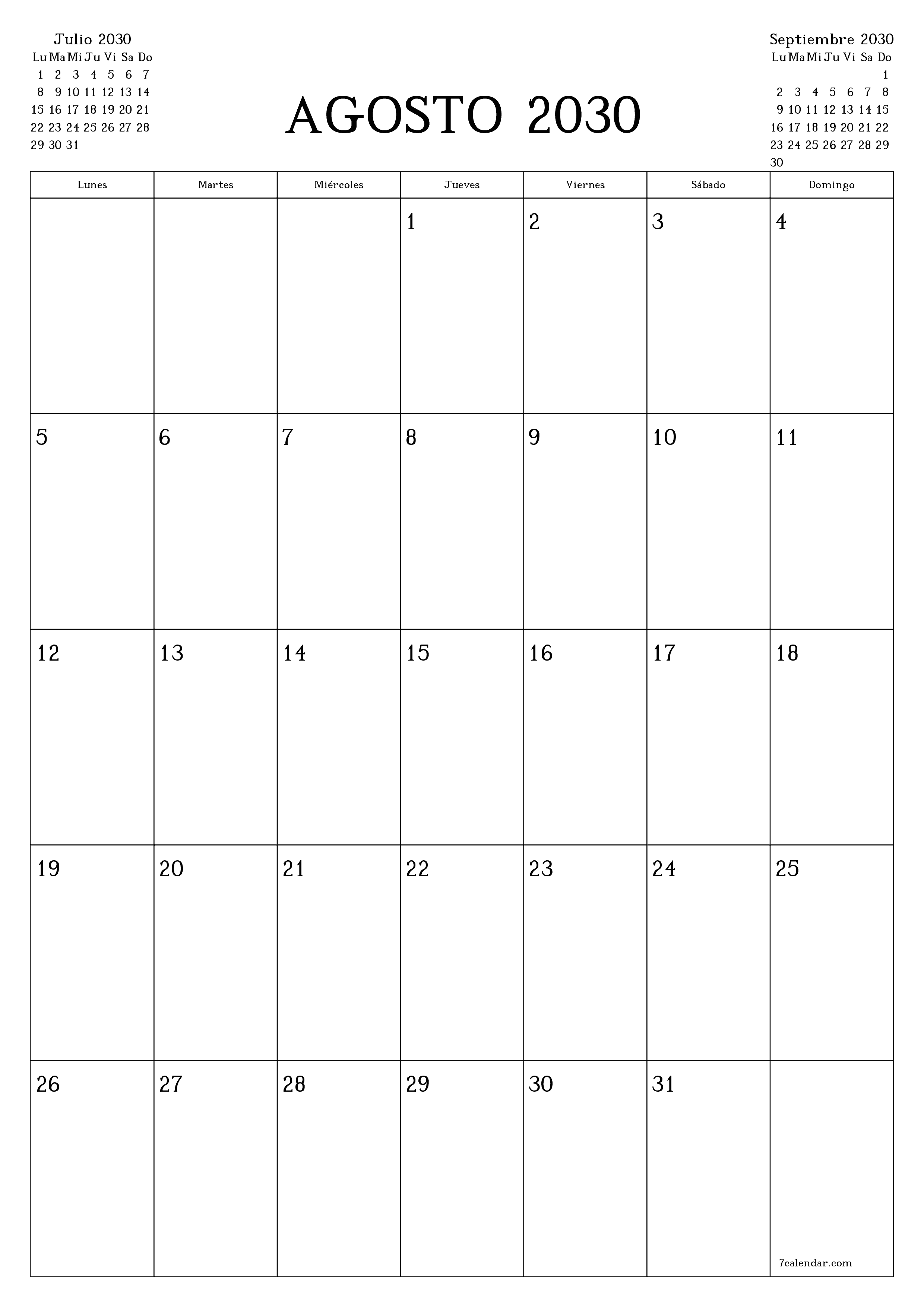  imprimible de pared plantilla de gratisvertical Mensual planificador calendario Agosto (Ago) 2030