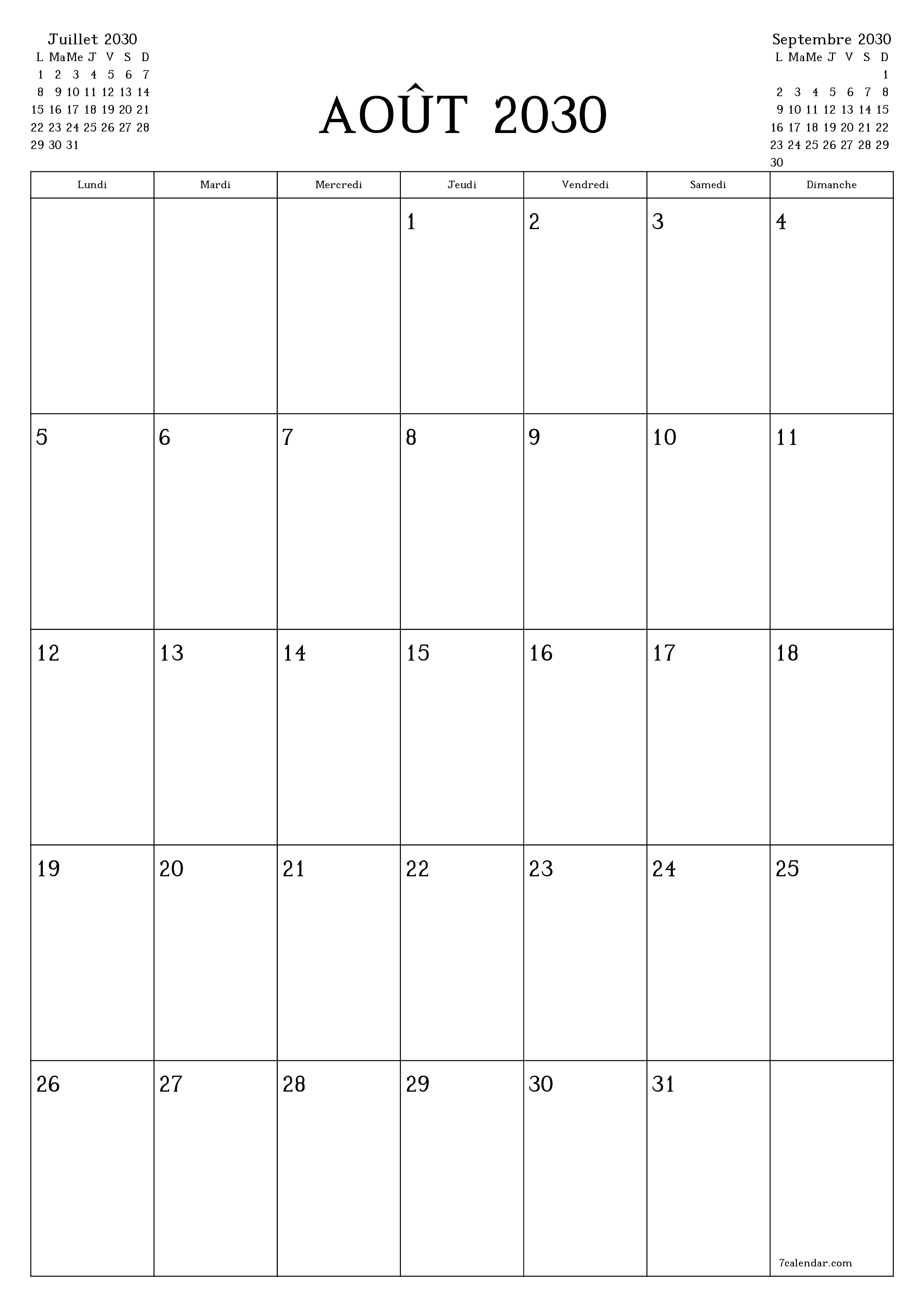  imprimable mural modèle de gratuitverticale Mensuel planificateur calendrier Août (Aou) 2030