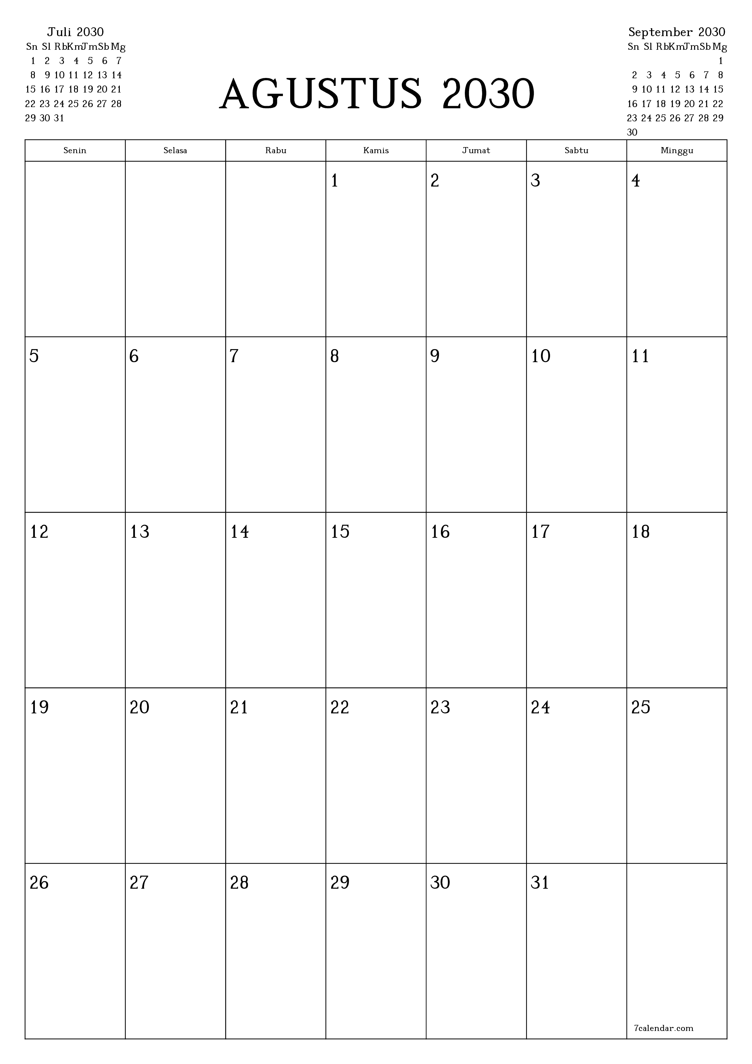  yang dapat dicetak dinding templat gratisvertikal Bulanan perencana kalender Agustus (Agt) 2030