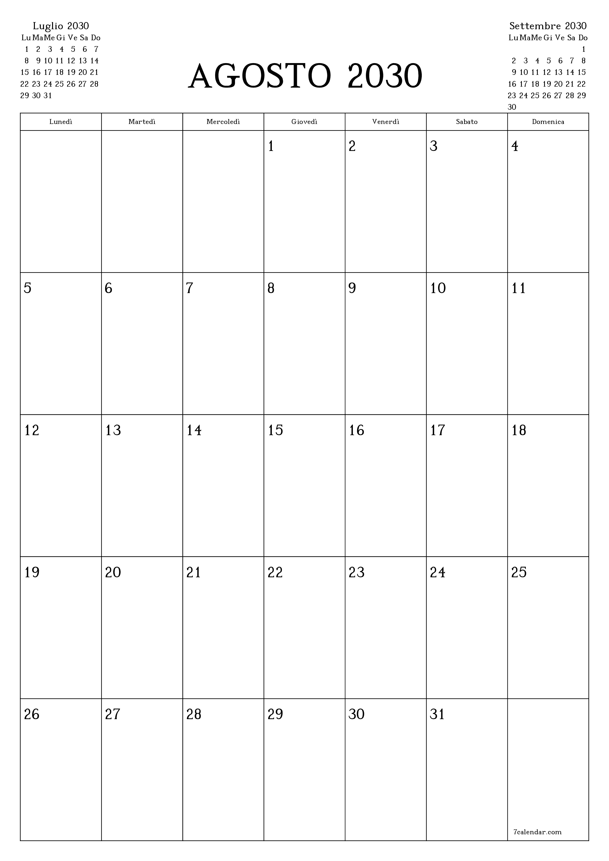  stampabile da parete modello di gratuitoverticale Mensile pianificatore calendario Agosto (Ago) 2030