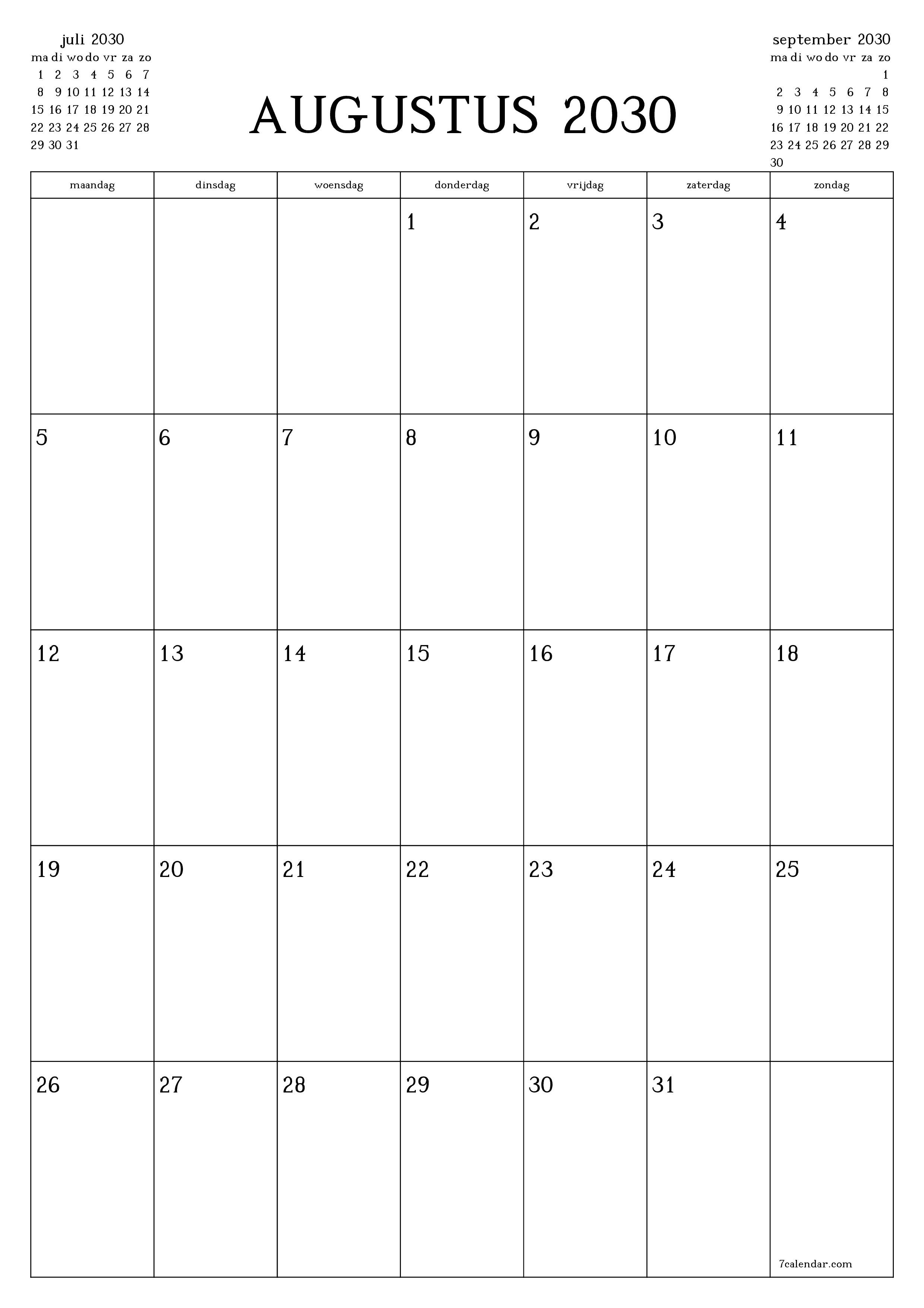 afdrukbare muur sjabloon gratis verticaal Maandelijks planner kalender augustus (aug) 2030