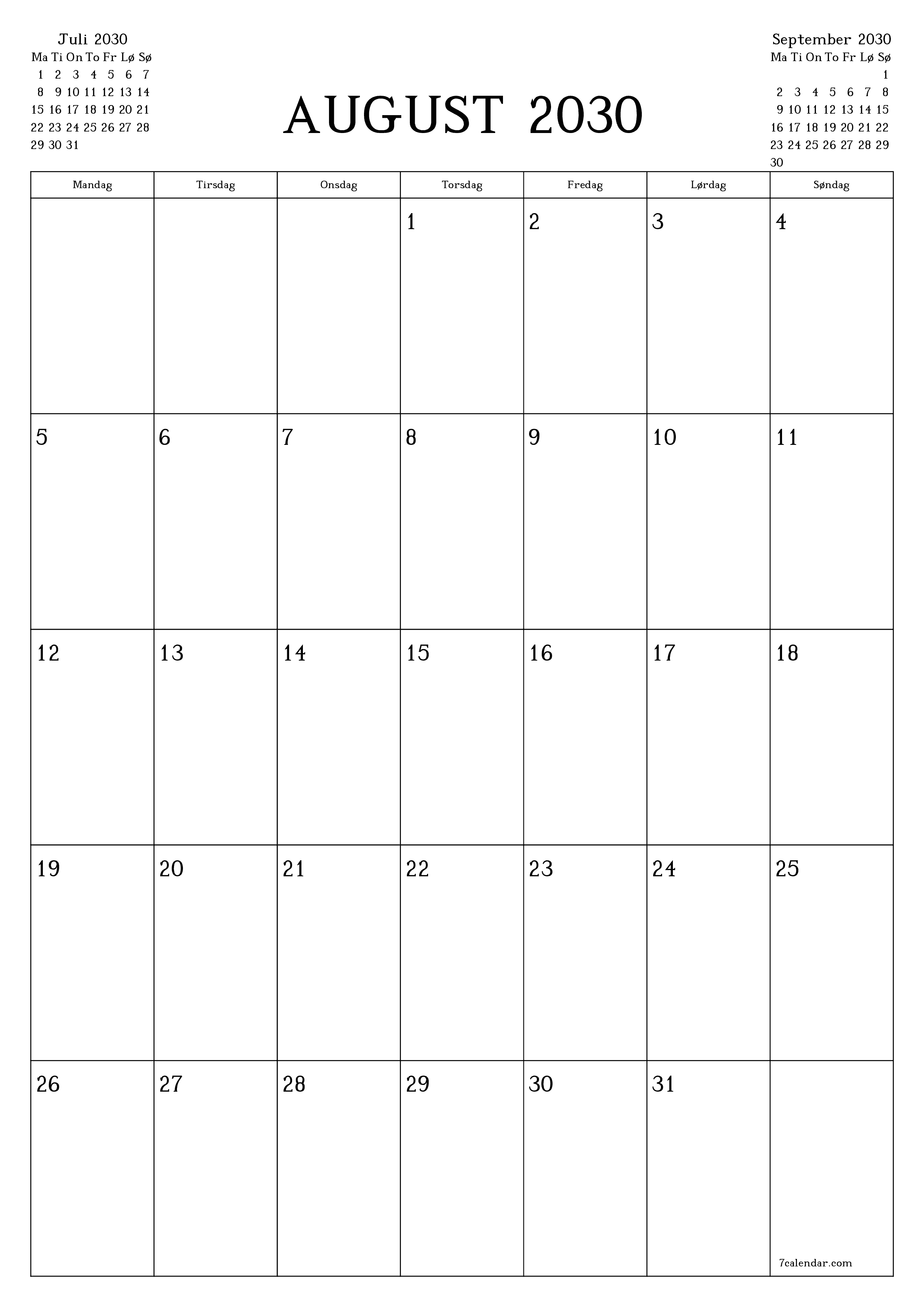 utskrivbar vegg mal gratis vertikal Månedlig planlegger kalender August (Aug) 2030