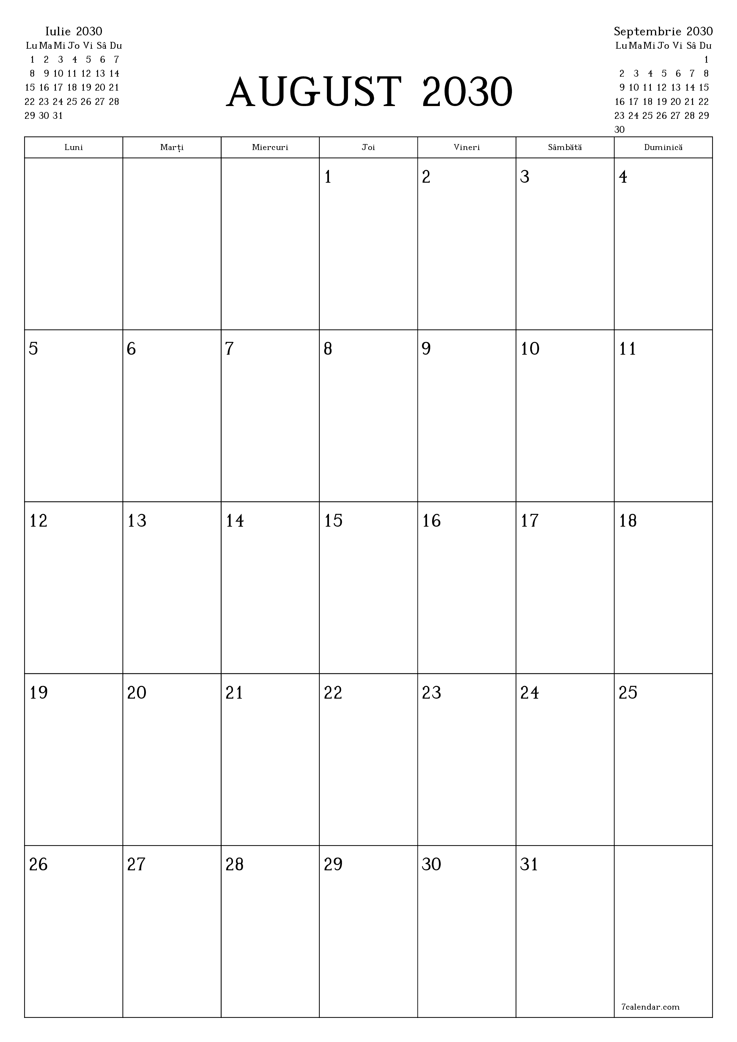  imprimabil de perete șablon de gratuitvertical Lunar planificator calendar August (Aug) 2030