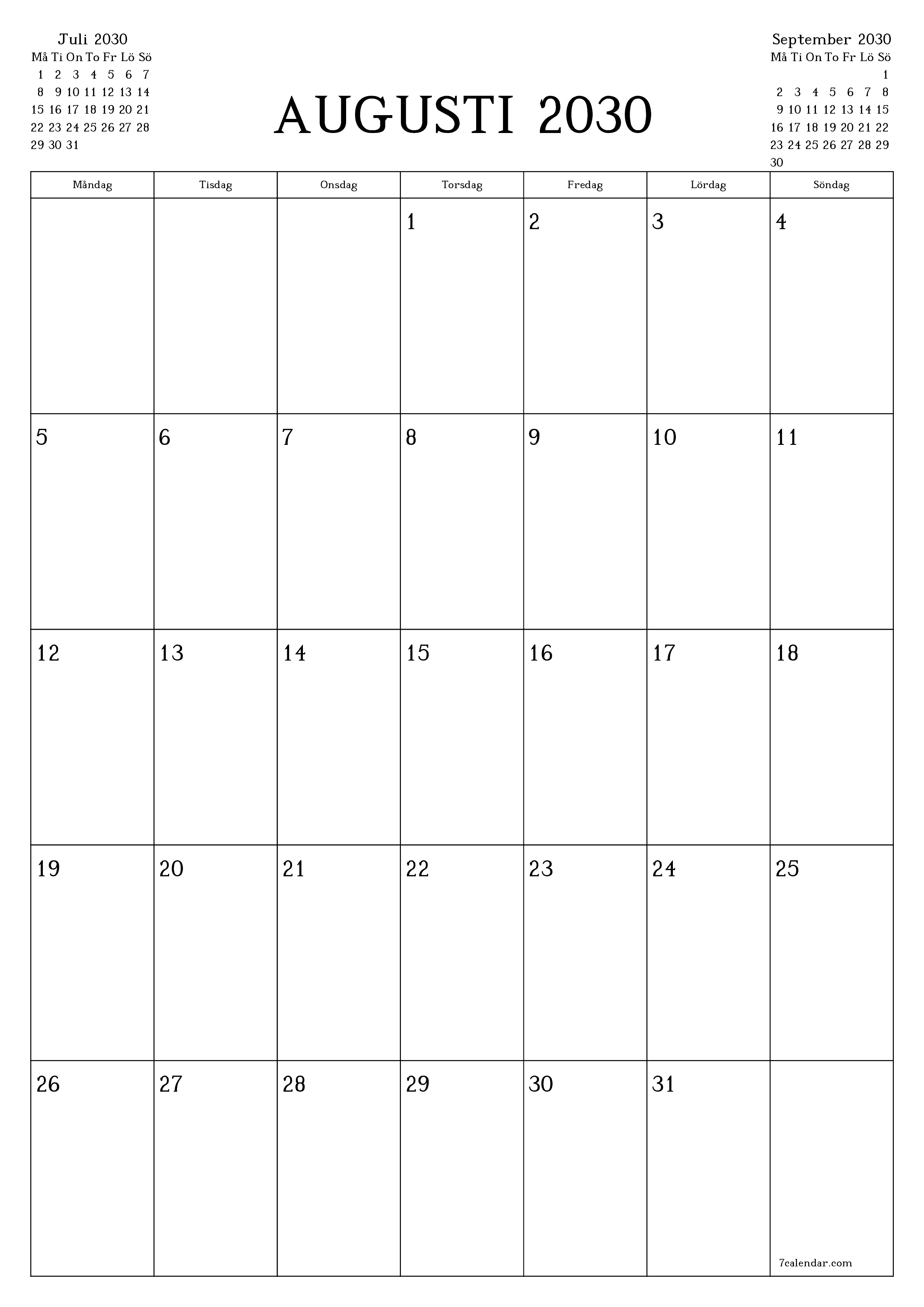 utskrivbar vägg mall gratis vertikal Månatlig planerare kalender Augusti (Aug) 2030