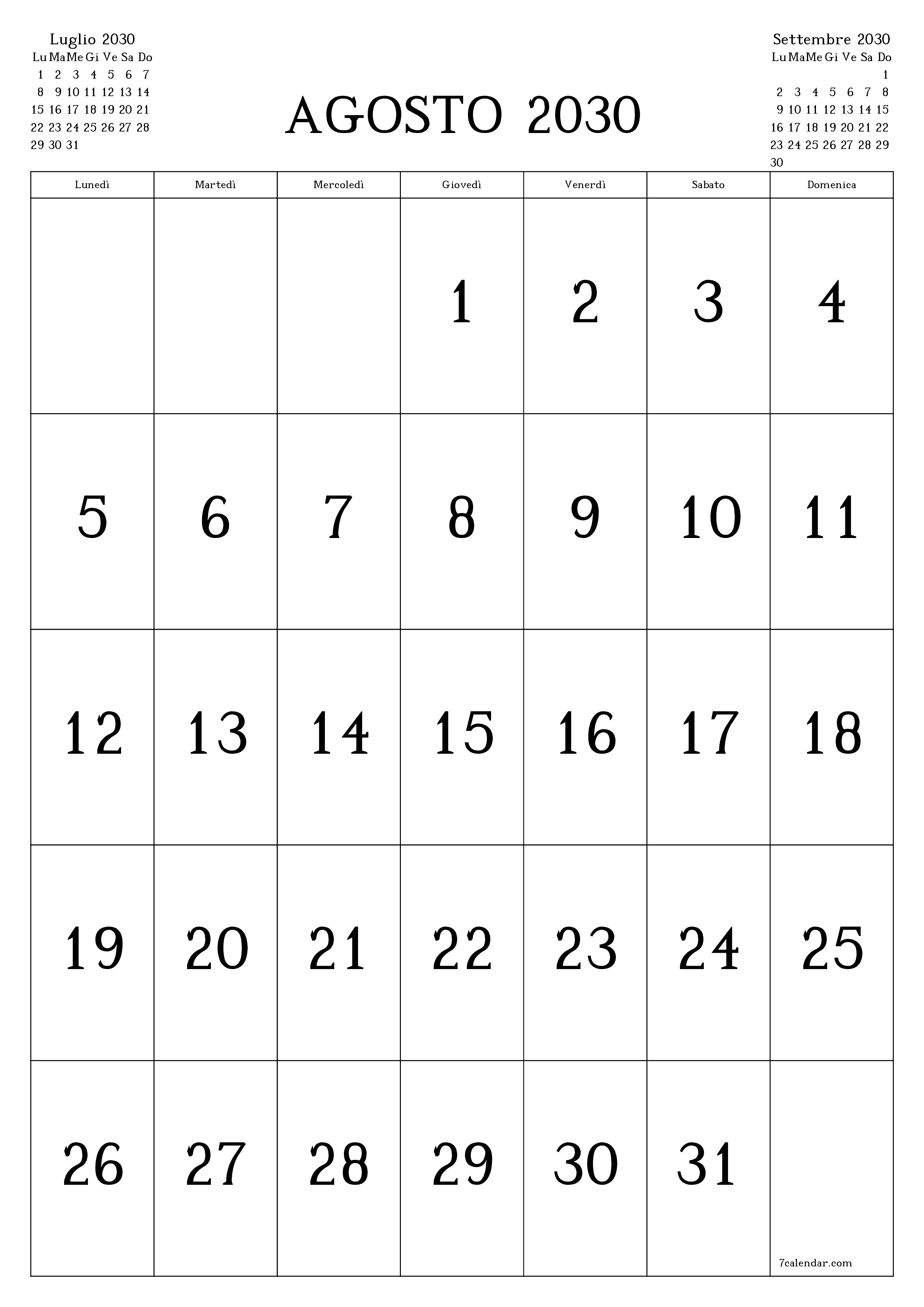  stampabile da parete modello di gratuitoverticale Mensile calendario Agosto (Ago) 2030