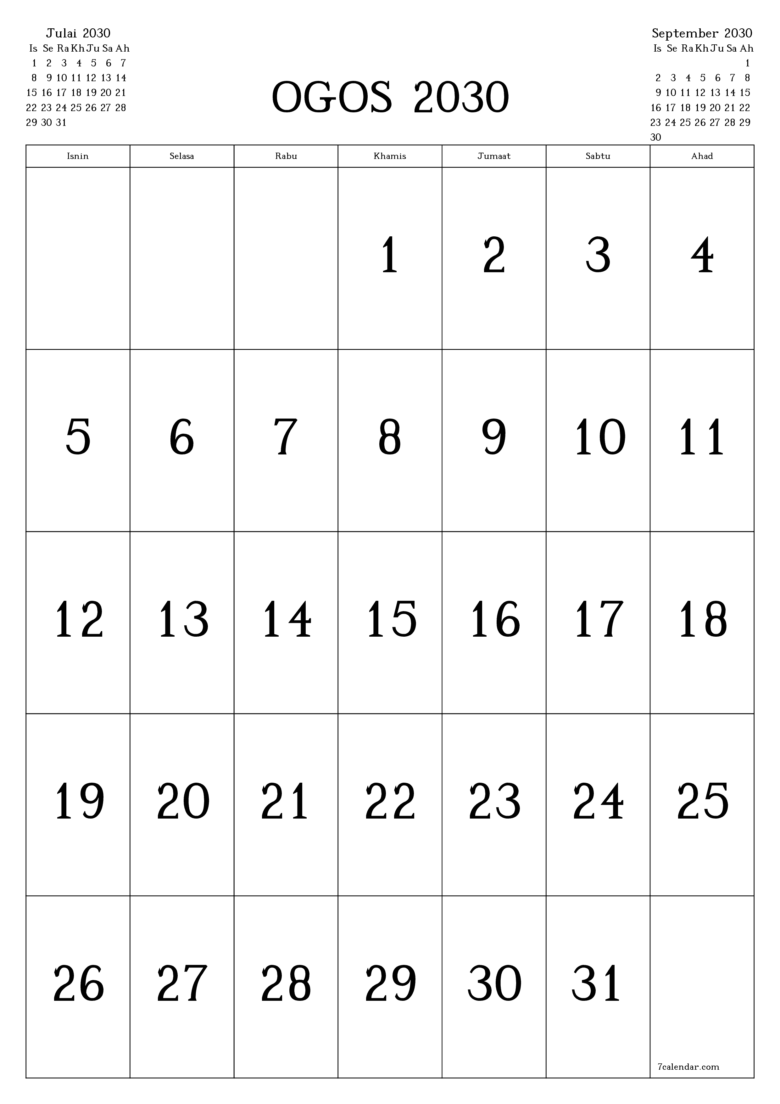  boleh cetak dinding templat percumamenegak Bulanan kalendar Ogos (Ogo) 2030
