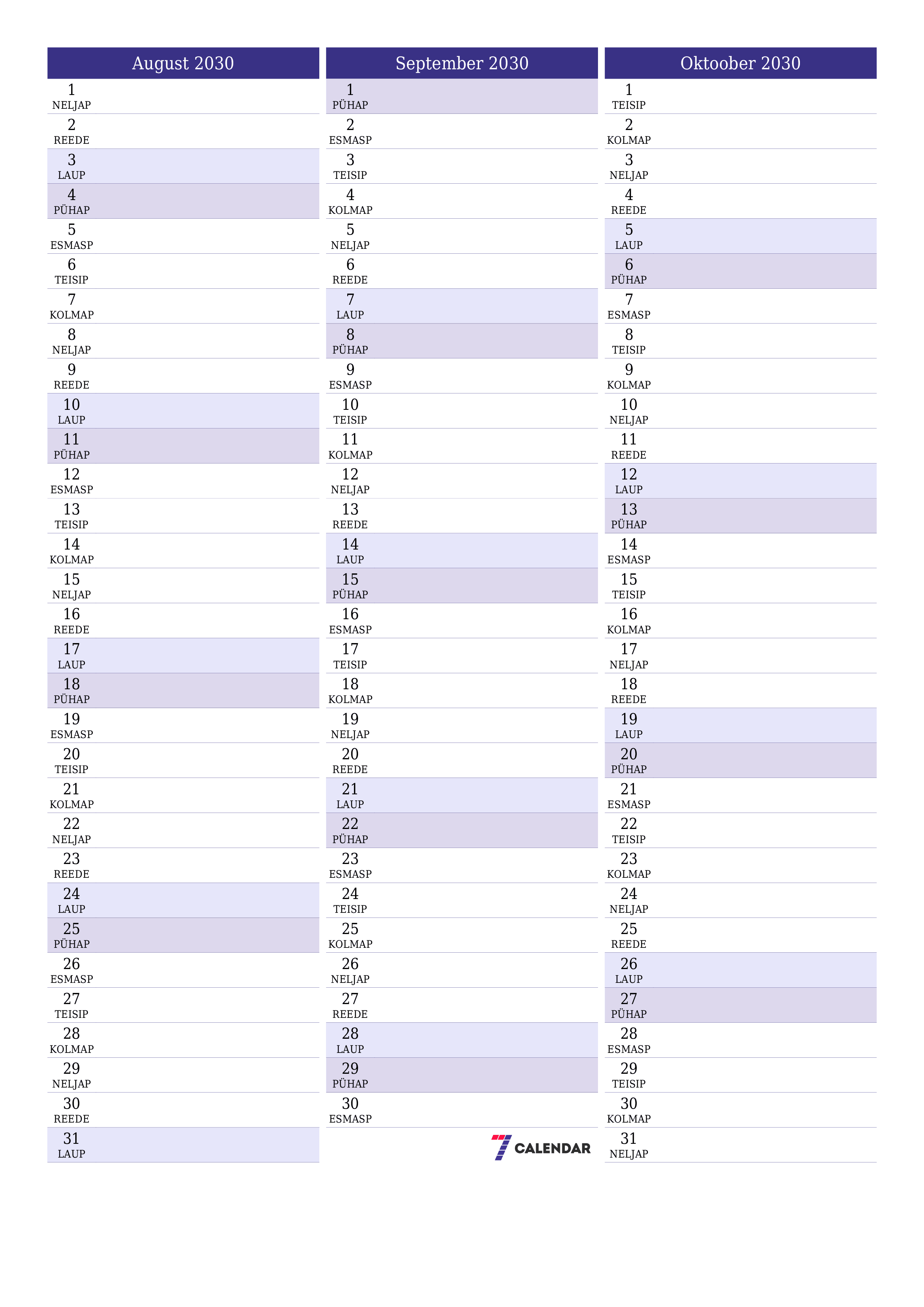 Tühjendage kuu August 2030 kuuplaneerija märkmetega, salvestage ja printige PDF-i PNG Estonian
