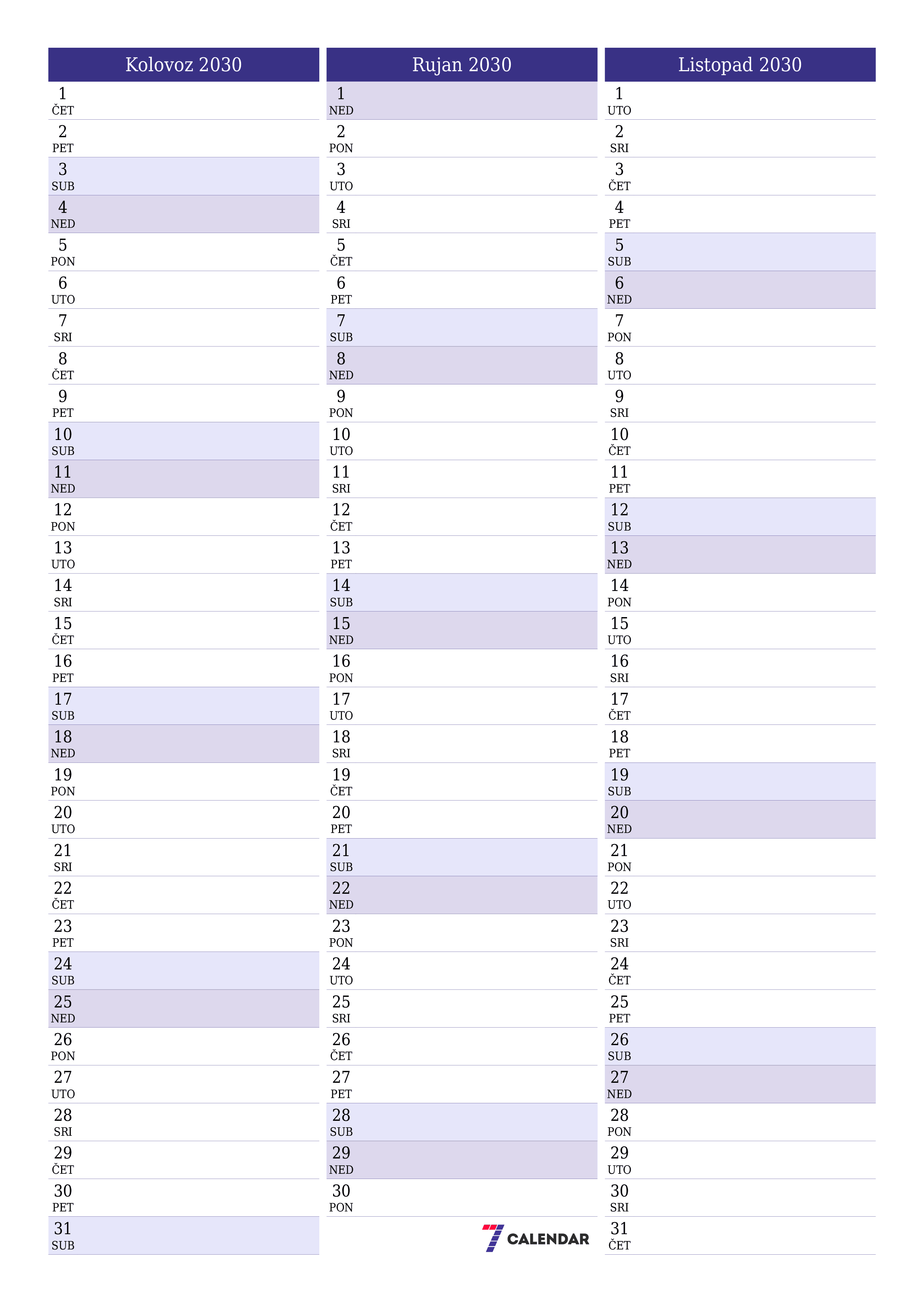  za ispis zidni predložak a besplatni okomito Mjesečni planer kalendar Kolovoz (Kol) 2030