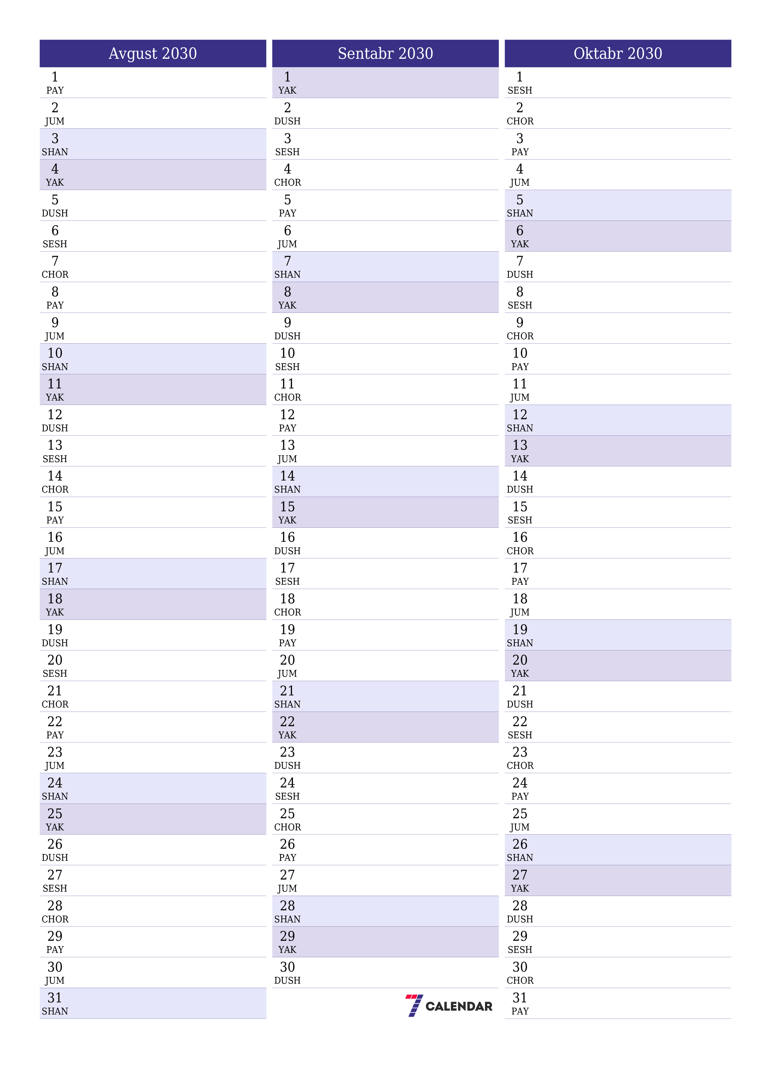 chop etiladigan devor taqvimi shabloni bepul vertikal Oylik rejalashtiruvchi kalendar Avgust (Avg) 2030