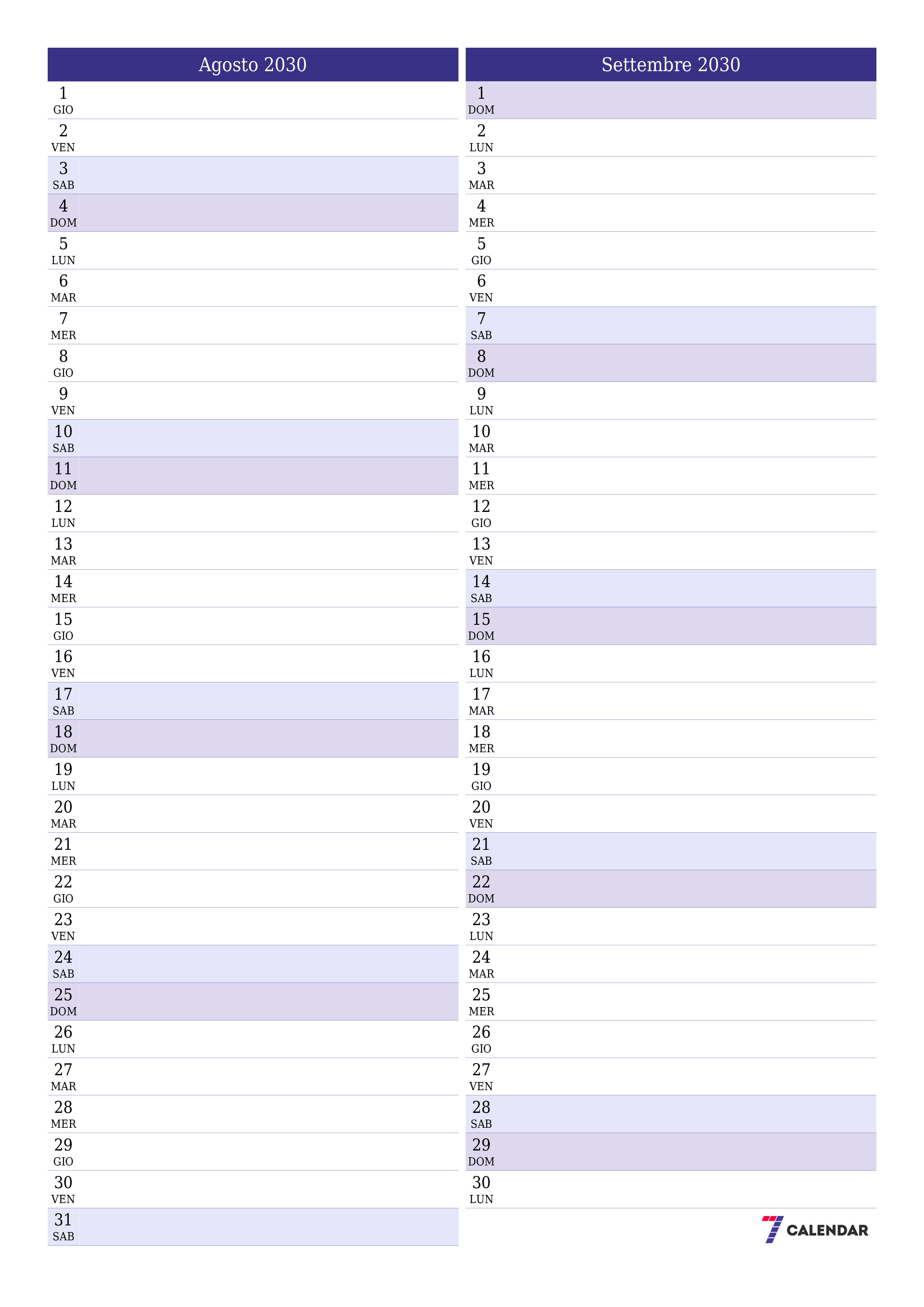  stampabile da parete modello di gratuitoverticale Mensile pianificatore calendario Agosto (Ago) 2030