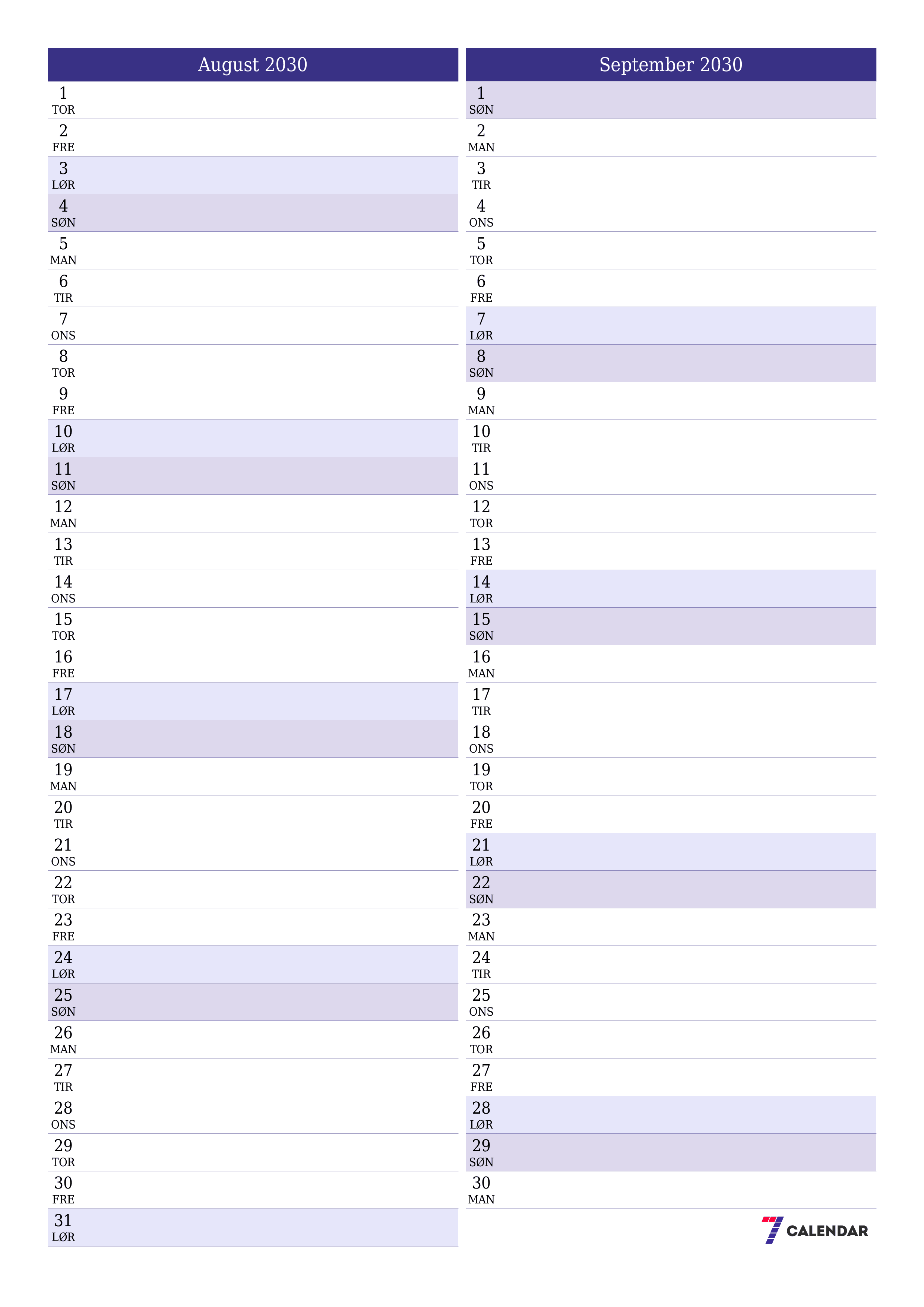 utskrivbar vegg mal gratis vertikal Månedlig planlegger kalender August (Aug) 2030